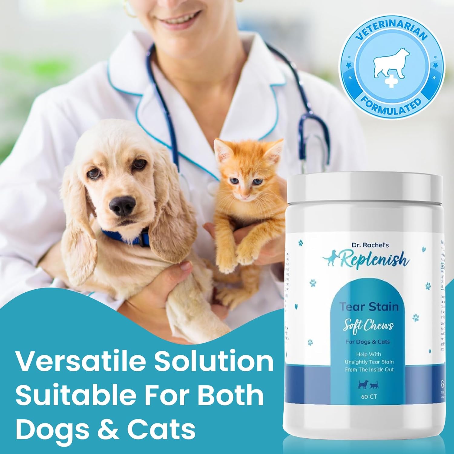 Replenish Tear Stain Chews for Dogs and Cats - Dr. Rachel's Tear Stain Remover for Dogs - Dog Eye Tear Stain Remover - Tear Stain Supplement for Dogs - Natural Tear Stain Soft Chews - 60 Count