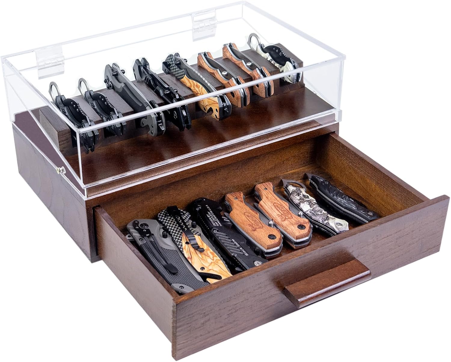 Knife Display Case,Pocket Knife Collection Display Holder,Premium 2-Layer Wooden Case with Acrylic Window Top & Drawer,Handcrafted Storage Box Perfect for Collection
