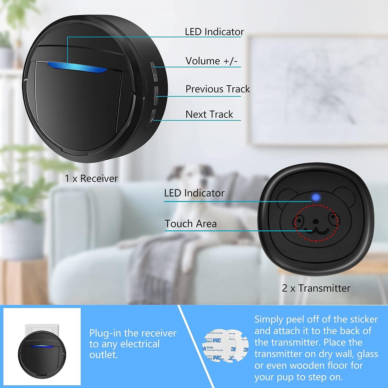 Wireless Dog Doorbell, Ring Bell to Go Outside, IP55 Waterproof Buttons, 55 Melodies, 4 Volume Levels and 950ft Range (Black, 2 Transmitters, 1 Reciever)