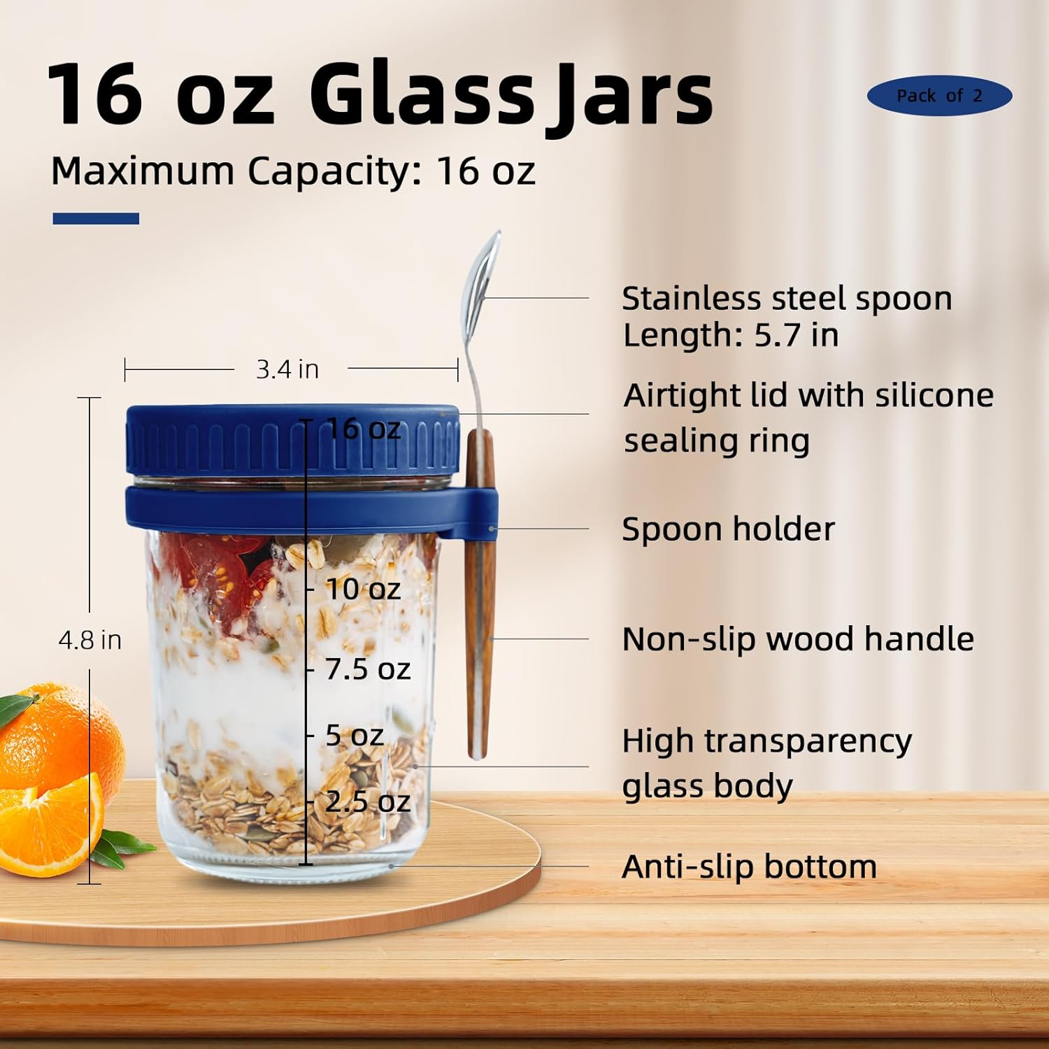 SMARCH Overnight Oats Jars with Lid and Spoon Set of 2, 16 oz Large Capacity Airtight Oatmeal Container with Measurement Marks, Mason Jars with Lid for Cereal On The Go Container (blue)