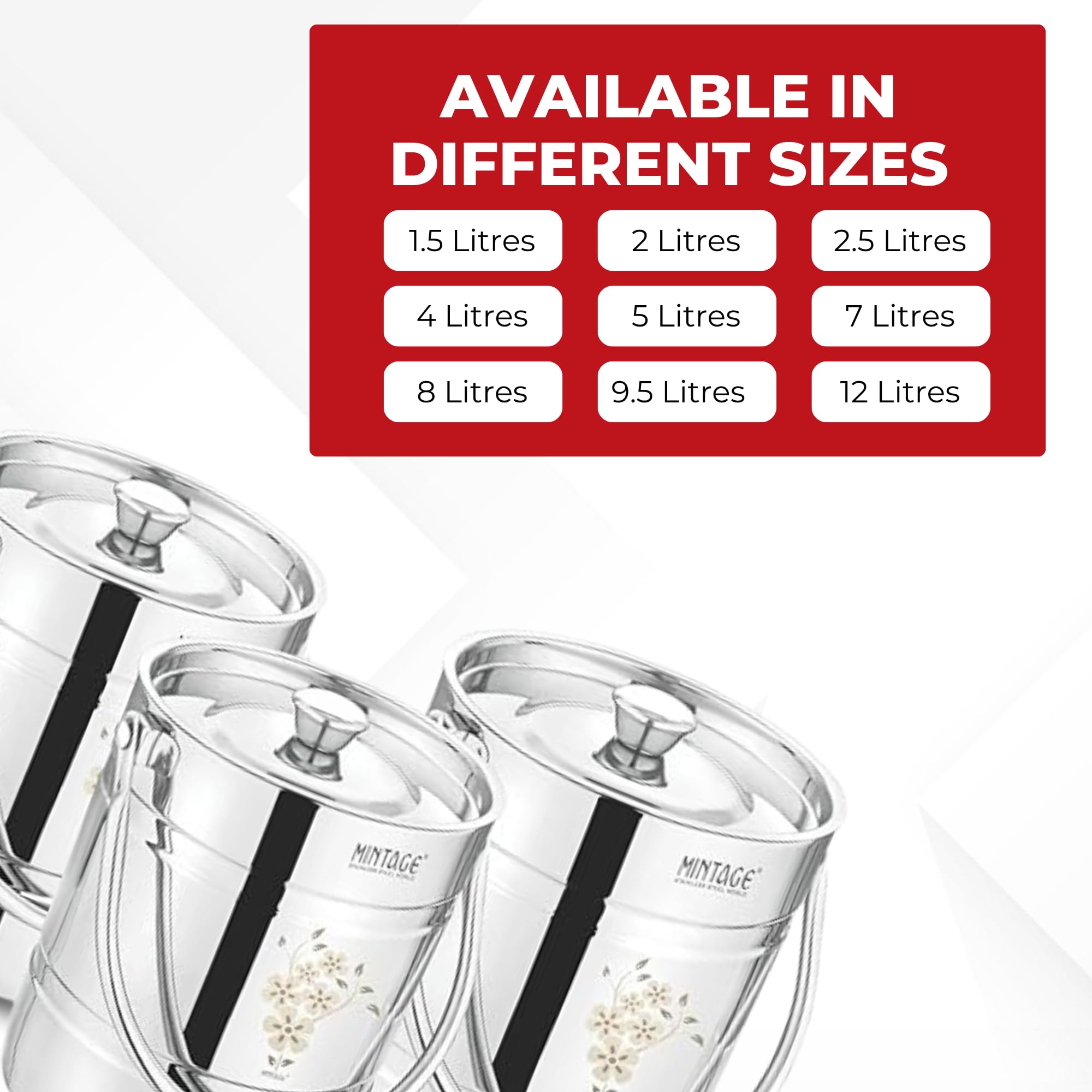 Mintage Laser Milk Barni Stainless Steel 4+5+7 litres Set of 3 |Oil Dolu Jar Ghee Dolchi | Heavy Body Steel Container with Lid | Storage Can | Strong Safe Durable Multipurpose Kitchenware Daily Use 1