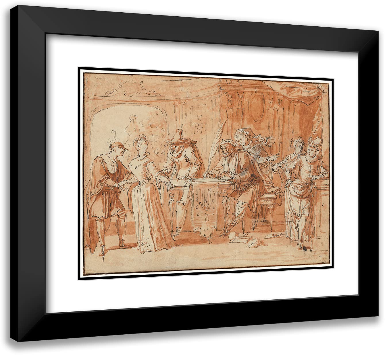 ArtDirect Claude Gillot 24x19 Black Modern Frame and Double Matted Museum Art Print Titled - Scene from the Italian Comedy (1700)