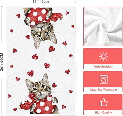 Miniatura 6 de Artoid Mode Juego de 2 toallas de cocina para el día de San Valentín, diseño de corazón de gato rojo, 18 x 26 pulgadas, decoración de boda, juego de