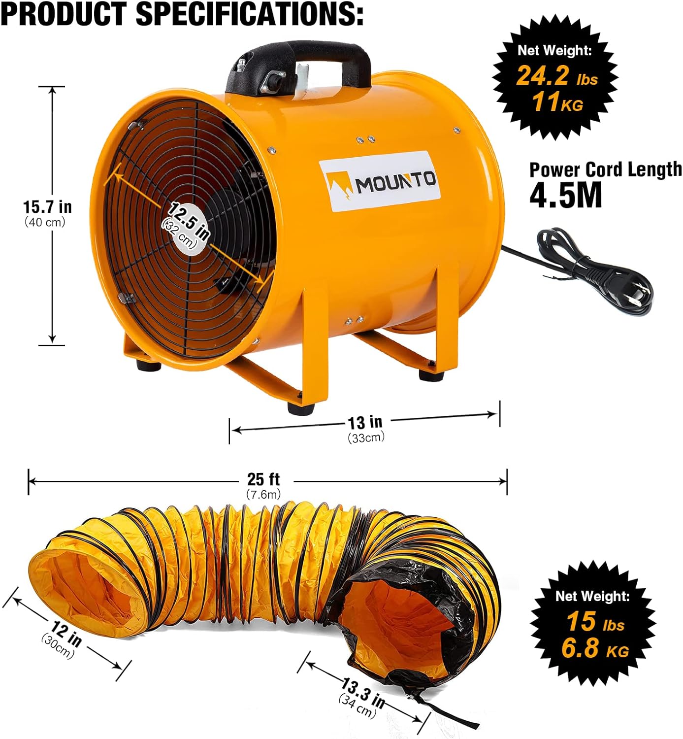 MOUNTO 12-Inch Heavy Duty Cylinder Axial Fan with 25-Foot Vinyl Hose | High-Performance Portable Blower/Exhaust Fan | 2900 CFM Directional Airflow for Crawl Spaces, Attics, Basements