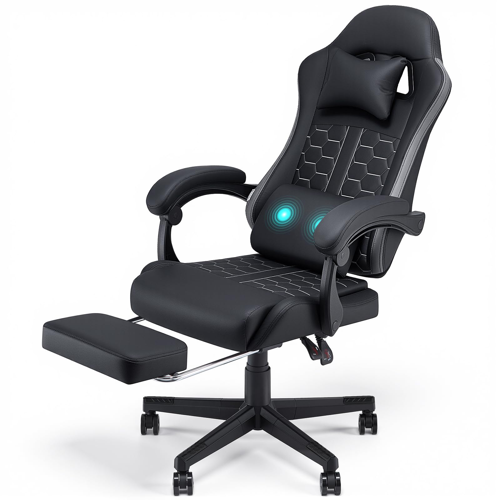 Warmiehomy Racing Gaming Chair for Adults with Footrest and Massage, Ergonomic Video Game Chairs with Lumbar Support,Reclining Computer Chairs, 360° Swivel, Height Adjustable,Black