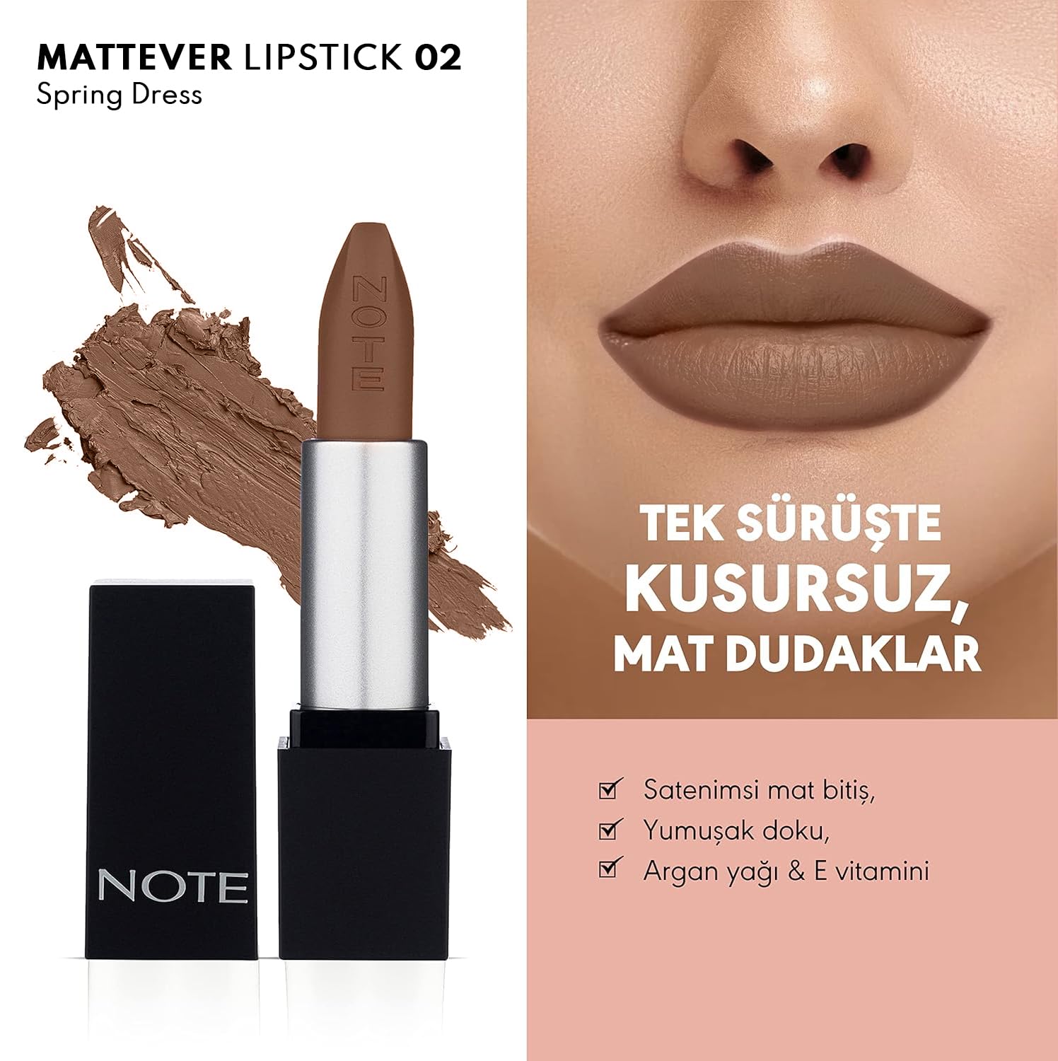Note Cosmetics Mattever Lipstick 02 Spring Dress Yarı Mat Saten Bitişli Ruj, Kahverengi
