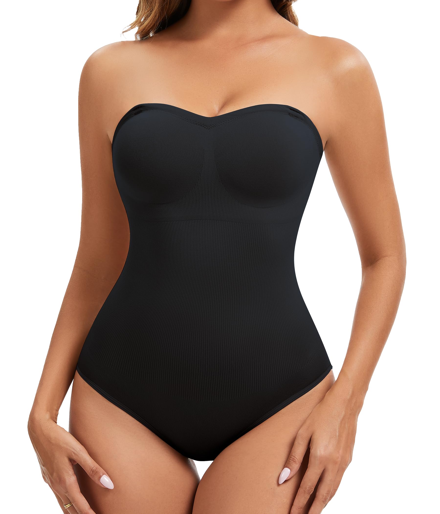 ciksob Strapless Shapewear for Women, Tummy Control Bodysuit with Removable Pads, Seamless Sculpting Body Shaper Tube Top, Black, Small