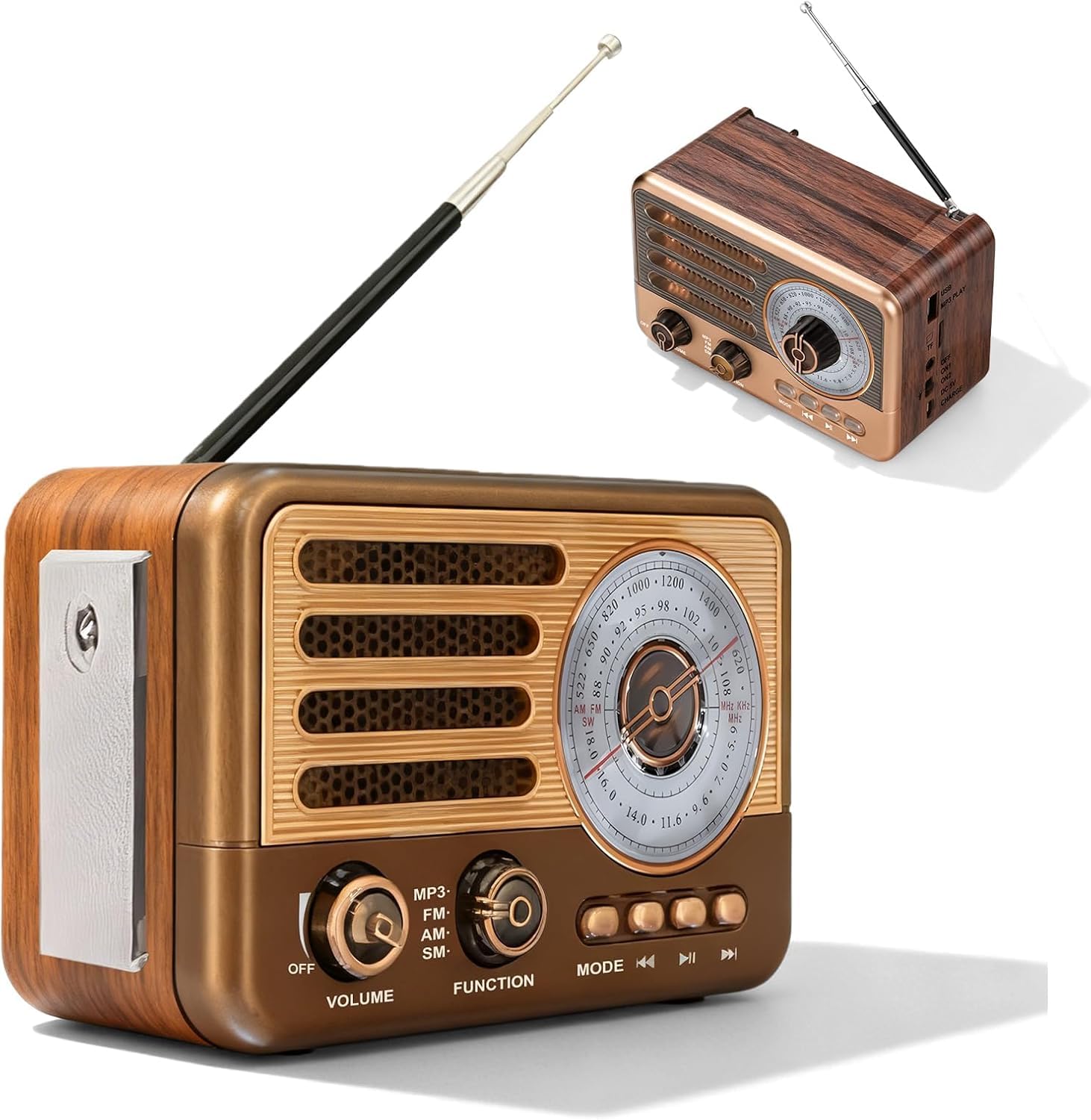 Retro Radio AM/FM/SW, Vintage Kofferradio mit 1200mAh Akku, Nostalgie Radio mit USB/TF/AUX MP3-Wiedergabe, Wiederaufladbares Küchenradio für Zuhause Büro Outdoor