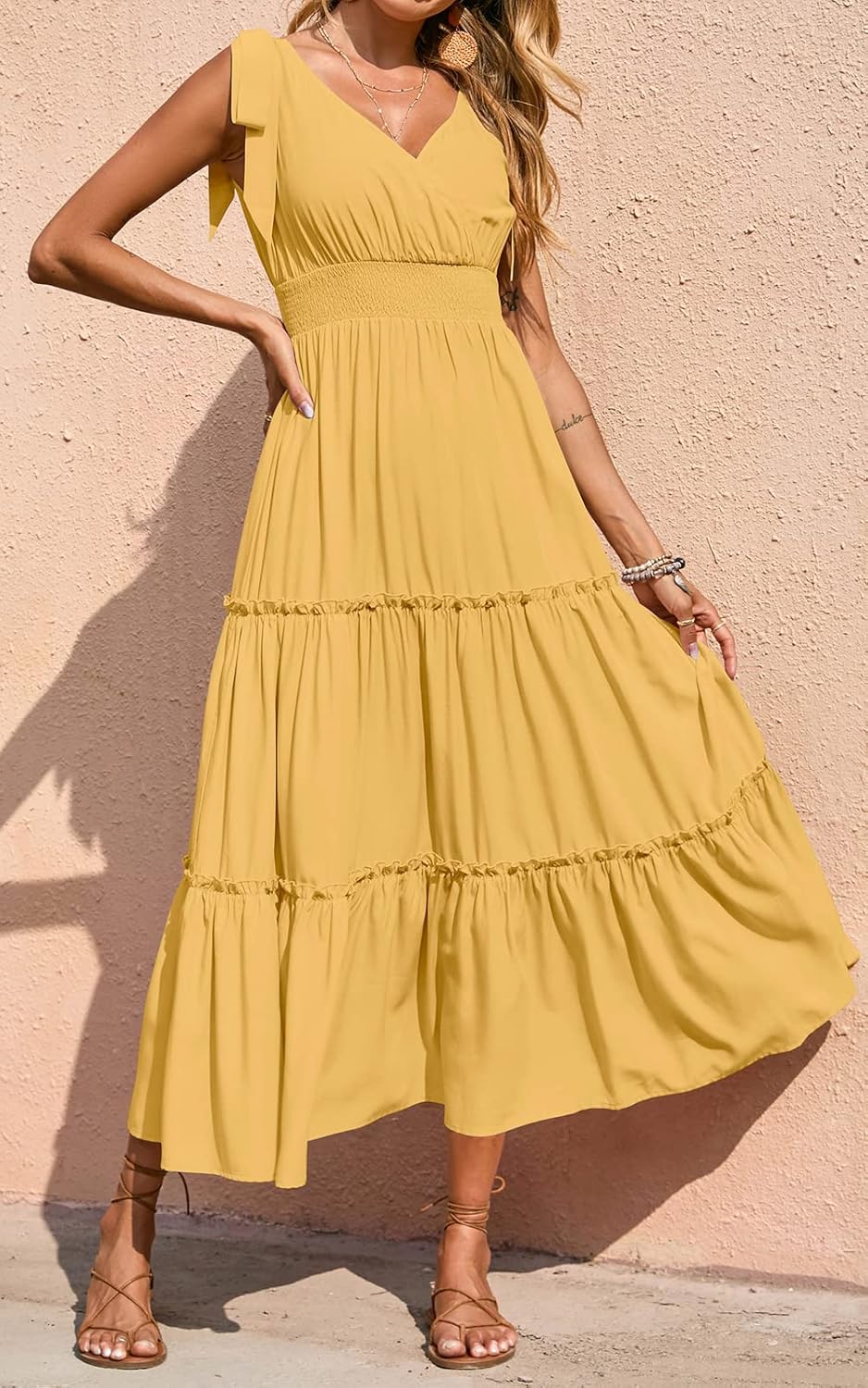 PRETTYGARDEN Women's Cross Neck Spring Sleeveless Tiered Maxi Dress Beach Tie Strap Smocked Long Dresses Pleated Sundress - Image 3