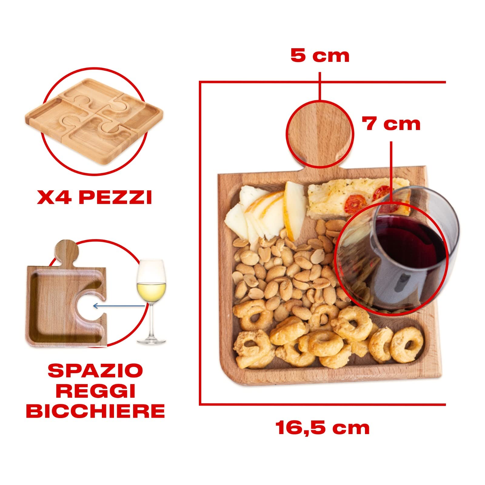 Vassoio Aperitivo Puzzle In Legno Di Faggio | Set 4 Pezzi Componibili, Made In Italy, Per Antipasti - Foto 6