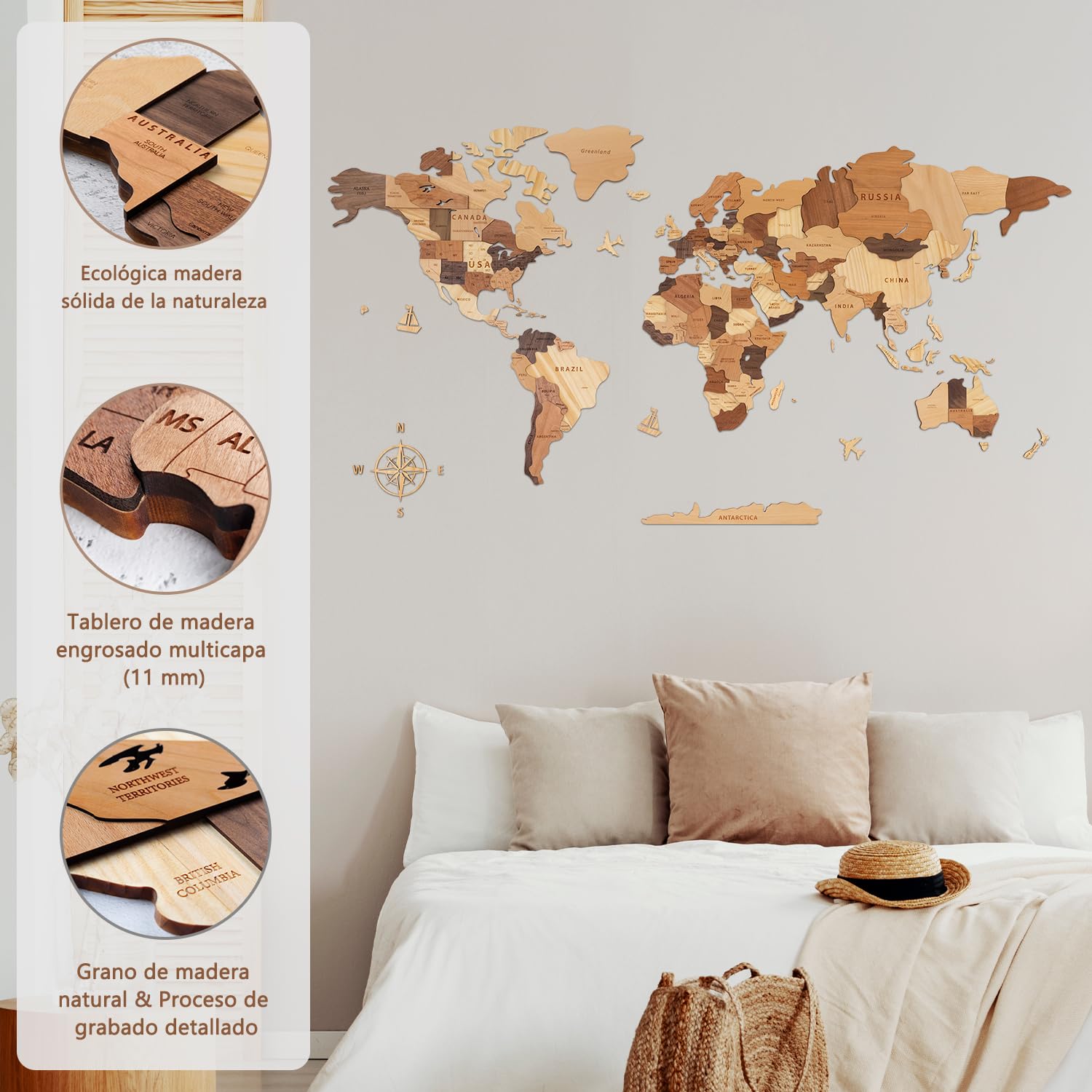 Creawoo Mapa del Mundo 3D de Madera para Decoración de Pared, Grande Mapamundi Maciza Natural Multicapa Arte de Pared para Oficina Sala de Estar Dormitorio, Mapamundi de Viaje de Madera-200x114cm