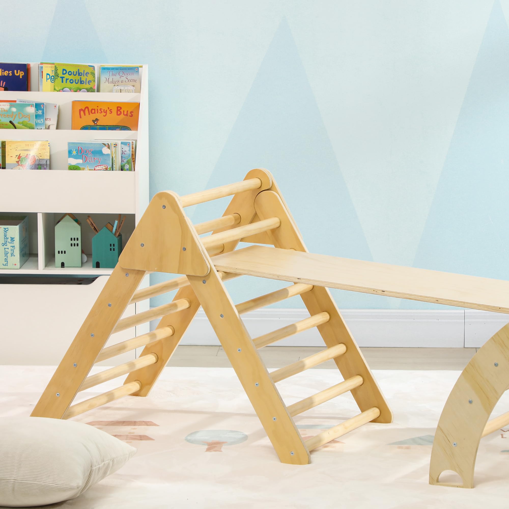 AIYAPLAY Triángulo de Escalada de Madera 4 en 1 Montessori Escalada para Niños de 18-48 Meses con Rampa Juego de Escalada de Arco para Deslizarse o Trepar 219x72,5 cm Natural