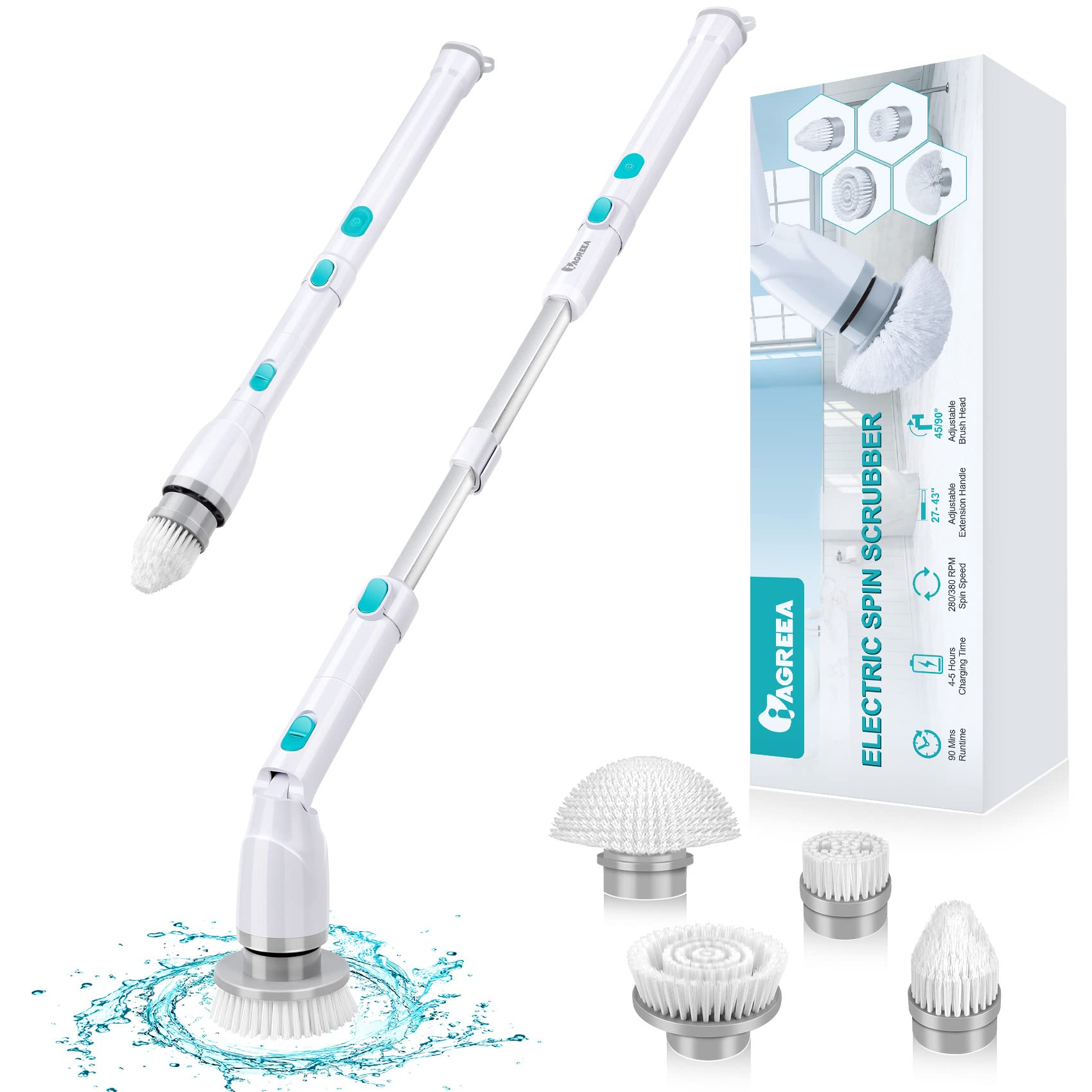IAGREEA Electric Spin Scrubber, 4 Replaceable Brush Heads, Adjustable Extension Handle and Speed, Co