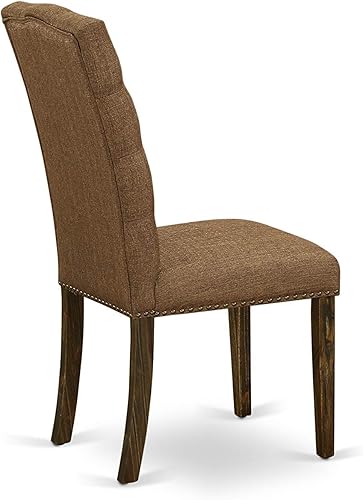 Miniatura 7 de East West Furniture ELP7T18 Elsa Parson - Juego de 2 sillas de comedor acolchadas de tela de lino marrón con ribete de clavos y botones copetudos,