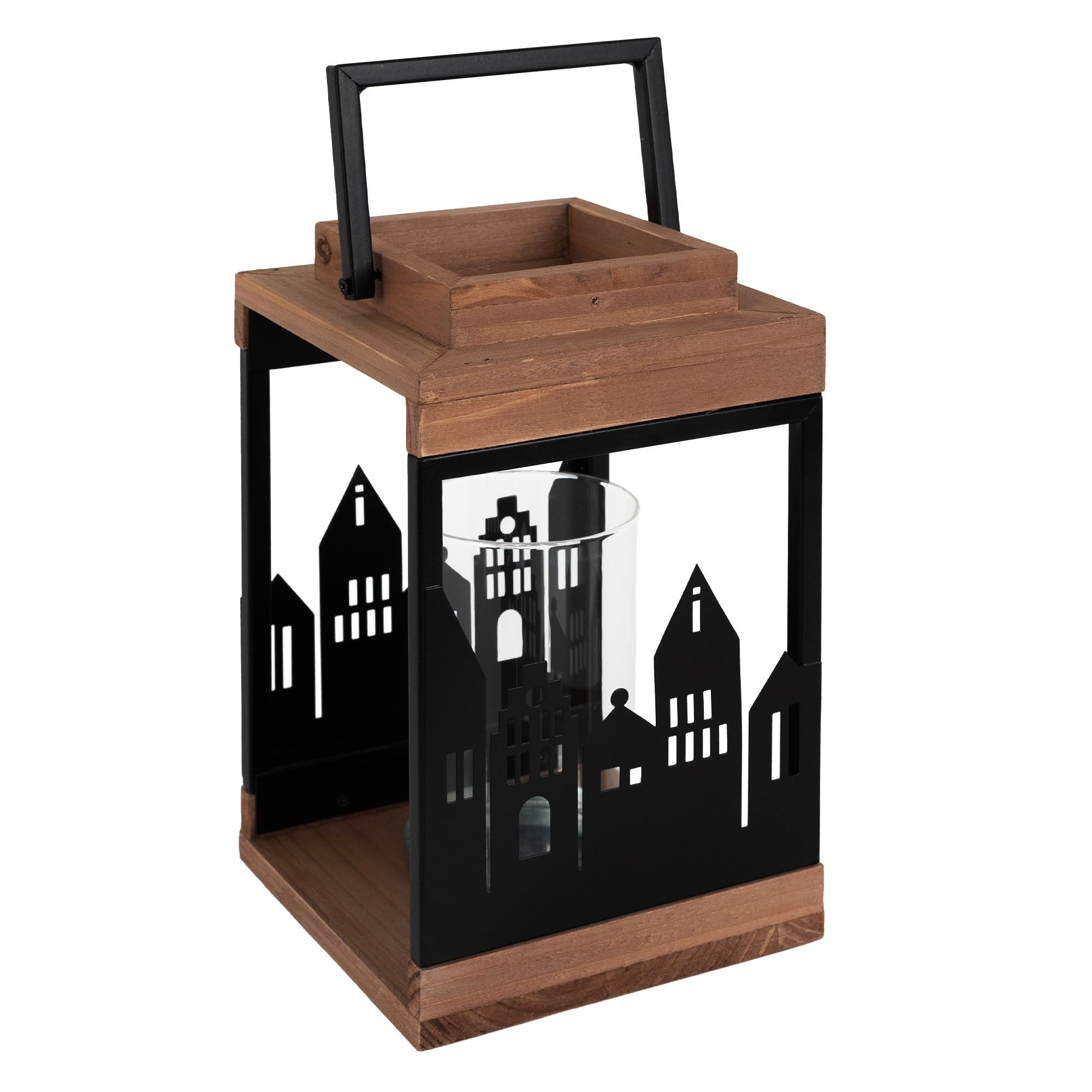 ECD Germany Faro de Madera Natural 22cm Decoración de Navidad Diseño de Ciudad Adorno Festivo de Cristal y Metal Aspecto Rústico Candelabro de Jardín Portavelas Decorativo de Interior y Exterior