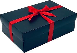 Caja de regalo negra con tapa | Elige tu cinta de color | Cajas grandes de memoria o cesta, cajas de regalo planas para regalos, cumpleaños o regalos de bebé, tamaño 30 x 20 x 10 cm (cinta roja 35)