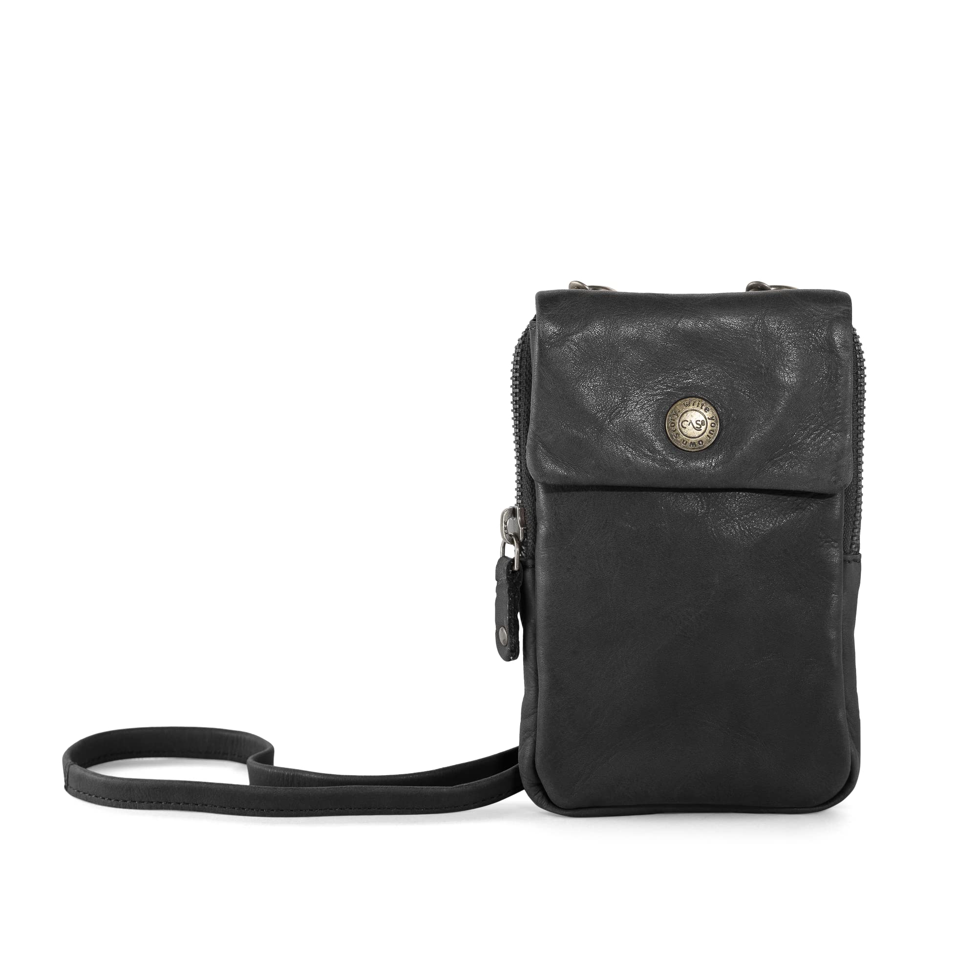 Handytasche zum Umhängen Lilly, Smartphonetasche aus Leder mit RFID-Schutz und 6 Kartenfächer, Verstellbarer & Abnehmbarer Gurt, passend für Handys bis 8,5x15x1,3cm, Graphite