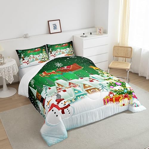Miniatura 4 de Manfei Juego de edredón de Navidad, tamaño matrimonial, juego de edredón de árbol de Navidad con muñeco de nieve con 2 fundas de almohada, juego de