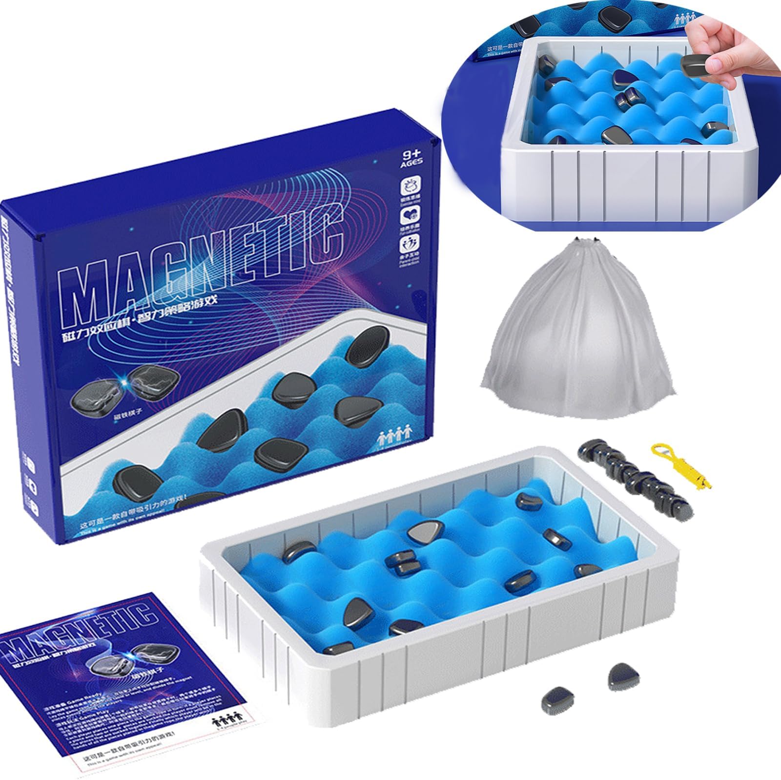 – Magnetic Chess Game, Multiplayer Magnet Game Set with 20 Rocks, String and Sponge Board, Magnetic Chess Game with Stones, Fun Tabletop Family Strategy Board Game