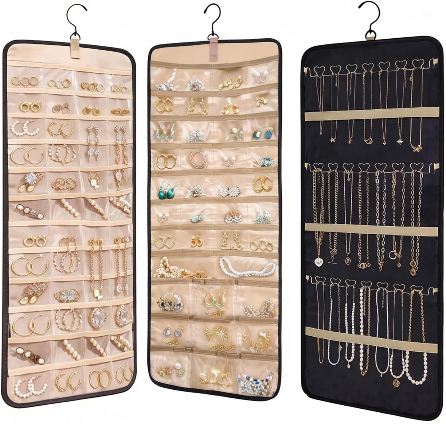 2 Pack Travel Jewelry Organizers and Storage Set: One with 48 Pockets for Earring & Ring, One with 43 Large Pockets for Bracelets & Watches, Hanging Storage Roll with Hanger for Closet Wall