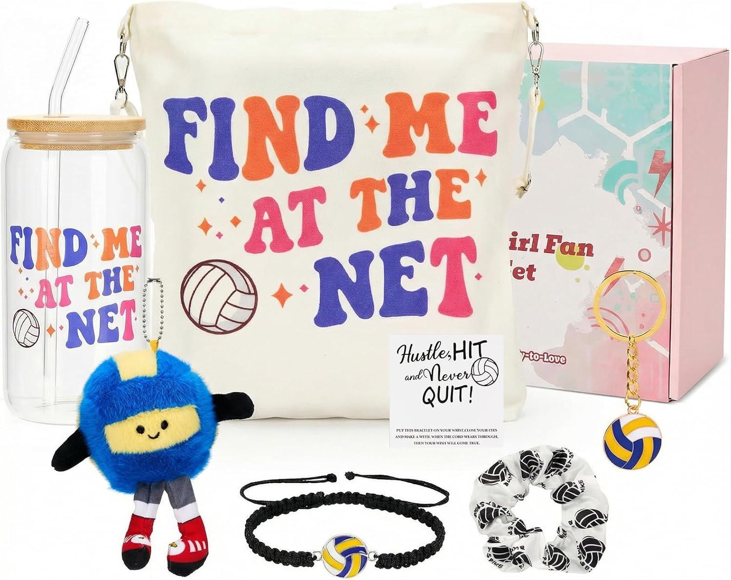 Defresit Basketball Gifts for Girls - 7PCS Basketball Accessories Gift with 16oz Glass Cup, Tote Bag, Bracelet, Scrunchie & Plush Keychain, Inspirational Sports Gifts for Teen Players
