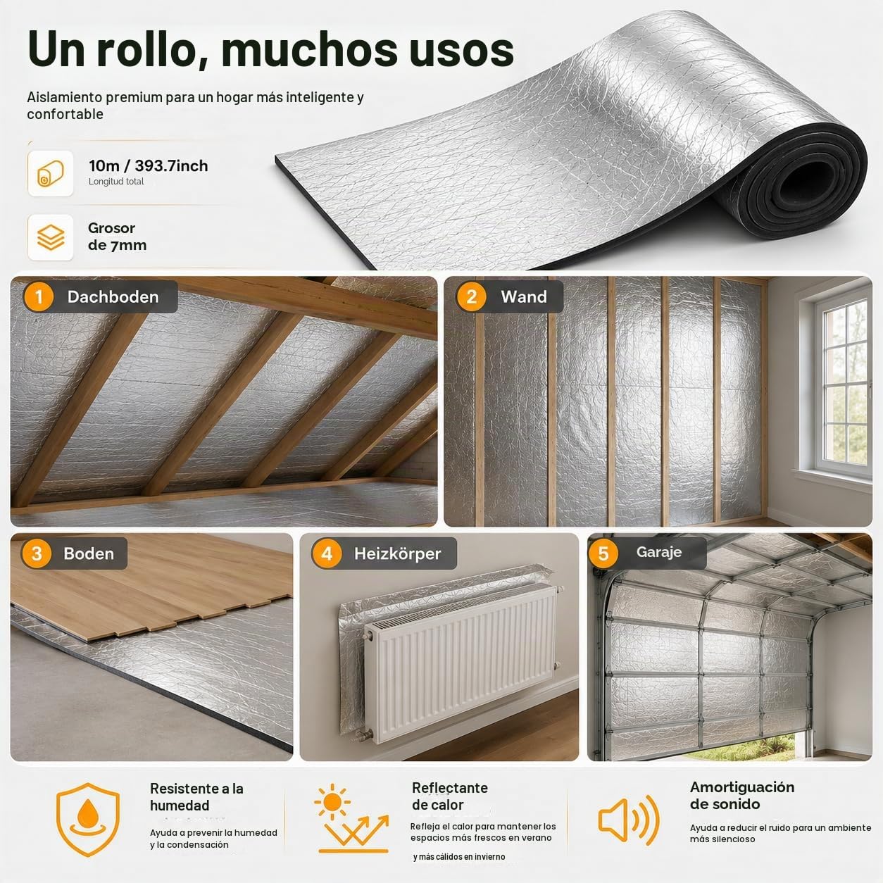 Aislante Térmico Autoadhesivo de 7mm, Panel Reflectante Radiador y Aislante Térmico Persianas, Placas Aislantes de Suelo, Panel Aislante Aluminio y Aislante Acústico Coche, 32cm x 10m
