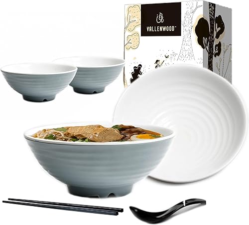 Juego de 4 tazones de ramen, 12 piezas Pho, sopa japonesa asiática gris y blanca. Utensilio cucharas y palillos. Melamina. Fideos grandes de 37