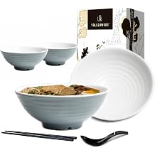 4 Ramen Bowls, 12 pieces Pho set. Gray White Asian Japanese soup. Utensil Spoons And Chopsticks kit. Melamine. Large 37 oz. Noodles, Rice, Udon, Thai, Chinese, Korean, Wonton, Miso.
