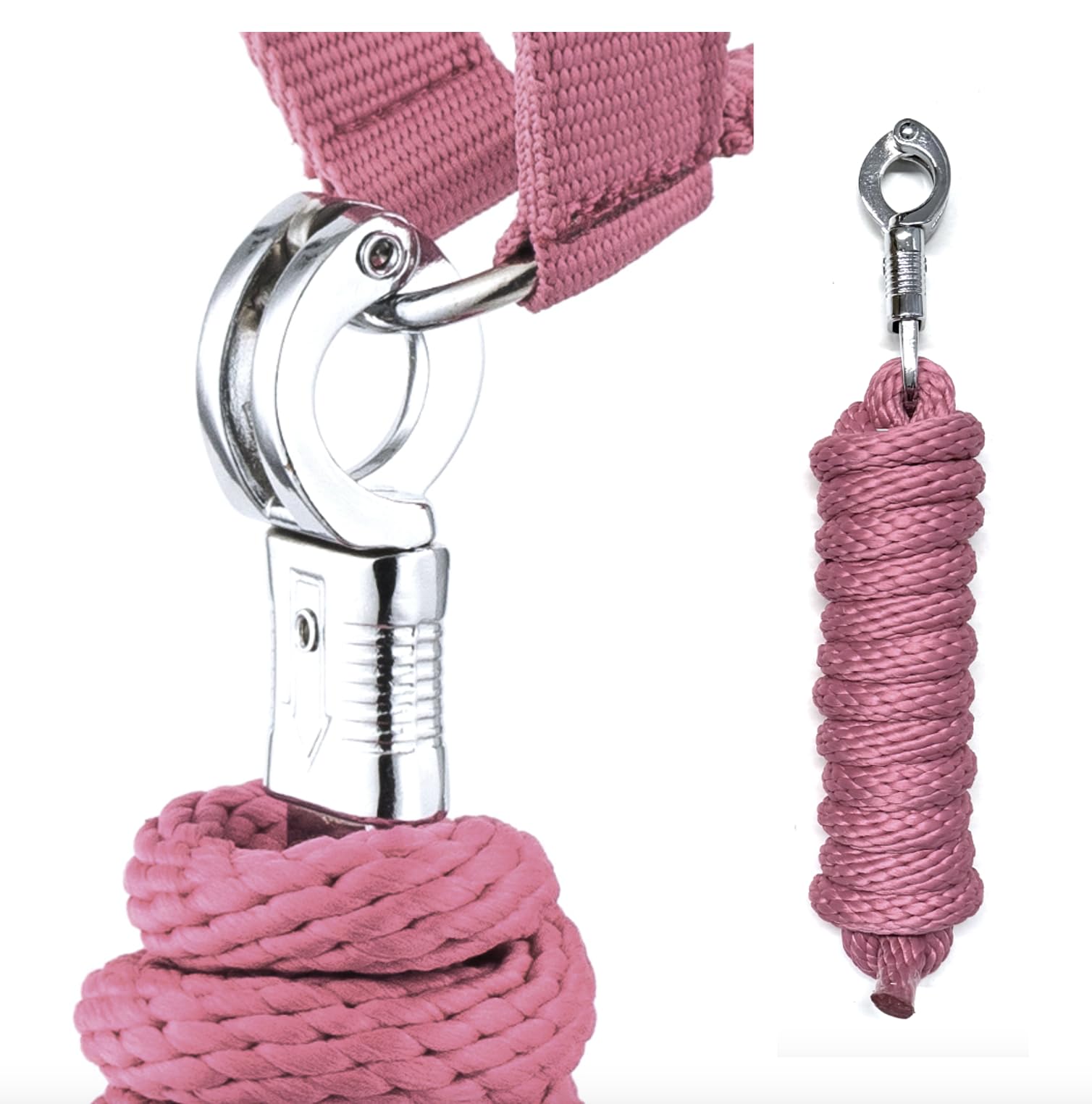 JA4004 - Cabestro de piel sintética con gancho de pánico ajustable, cabestro para caballo, caballo de madera, cuerda de amarre (pelo sintético rosa, pony)