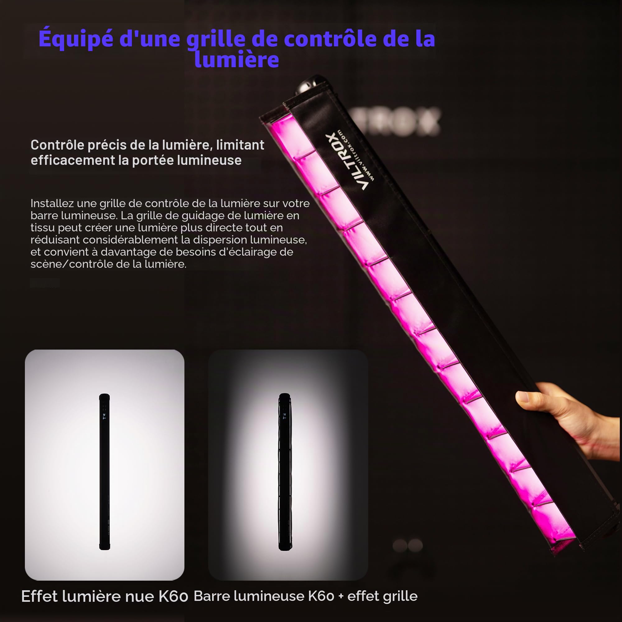 VILTROX K60 Lot de 2 bâtons Lumineux RVB, Grand Tube Lumineux pour Photographie de 22,8", Batterie Rechargeable 32Wh, 20W/1950 LM, Baguette Lumineuse RVB avec CRI 95 + 360°, écran LCD 2500K-8500K