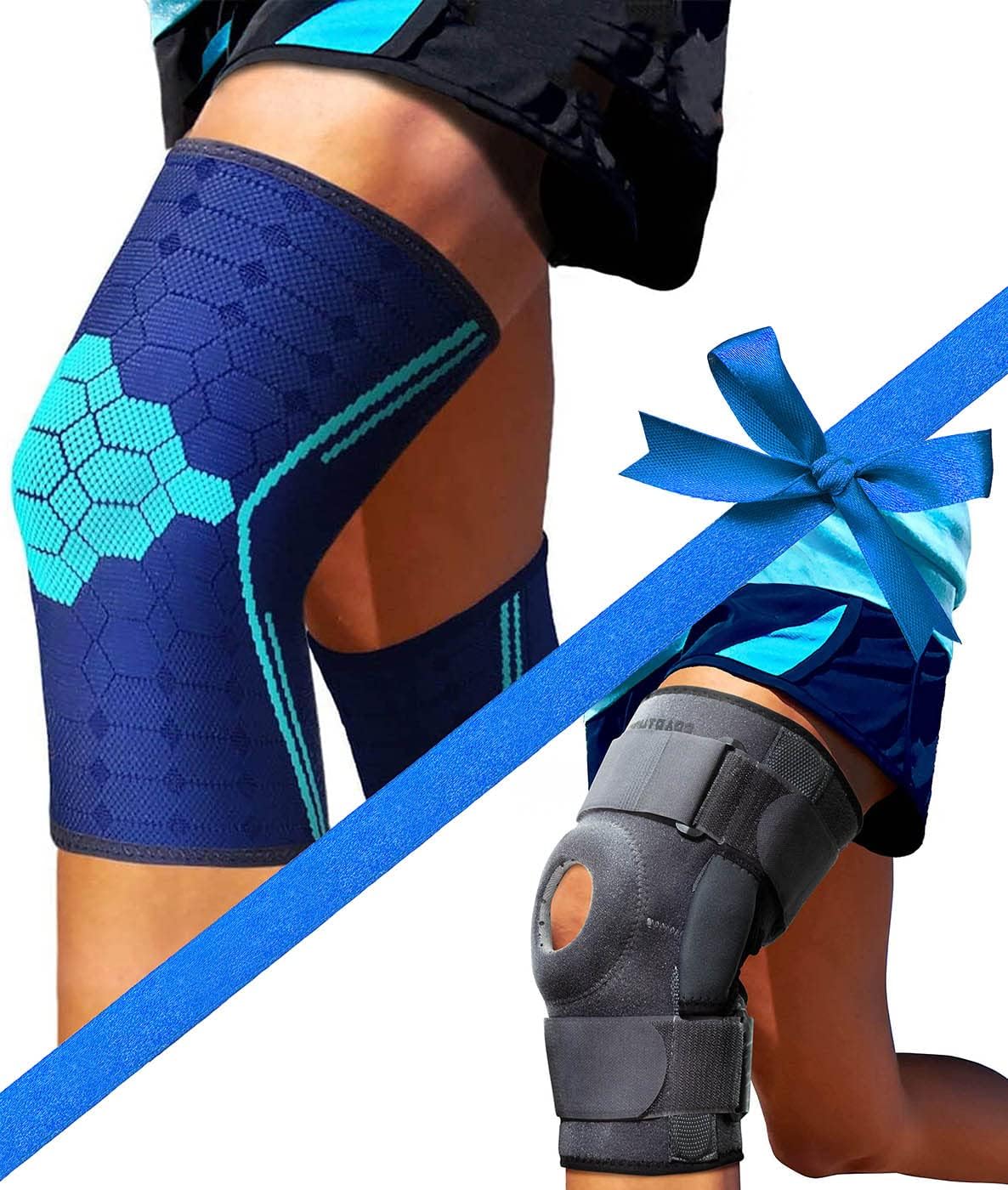 Sparthos Knee Compression Sleeves [Cobalt Blue - Large] x Hinged Knee Brace [Size M]