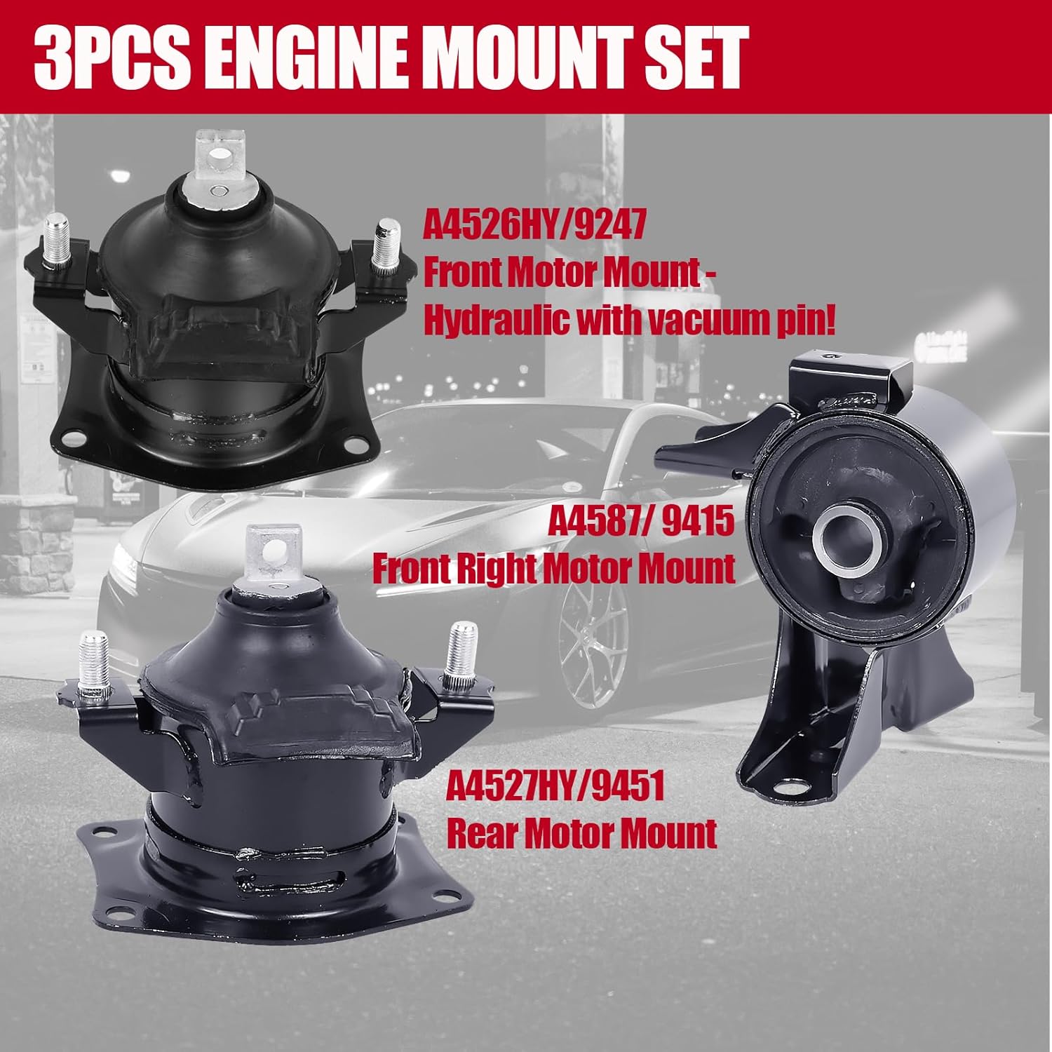 Engine Motor Mount Set 3PCS Compatible with 2007-2009 Acura MDX 3.7L V6, Replaces A4526HY A4527HY A65016, Front Rear Right Support 1K0512