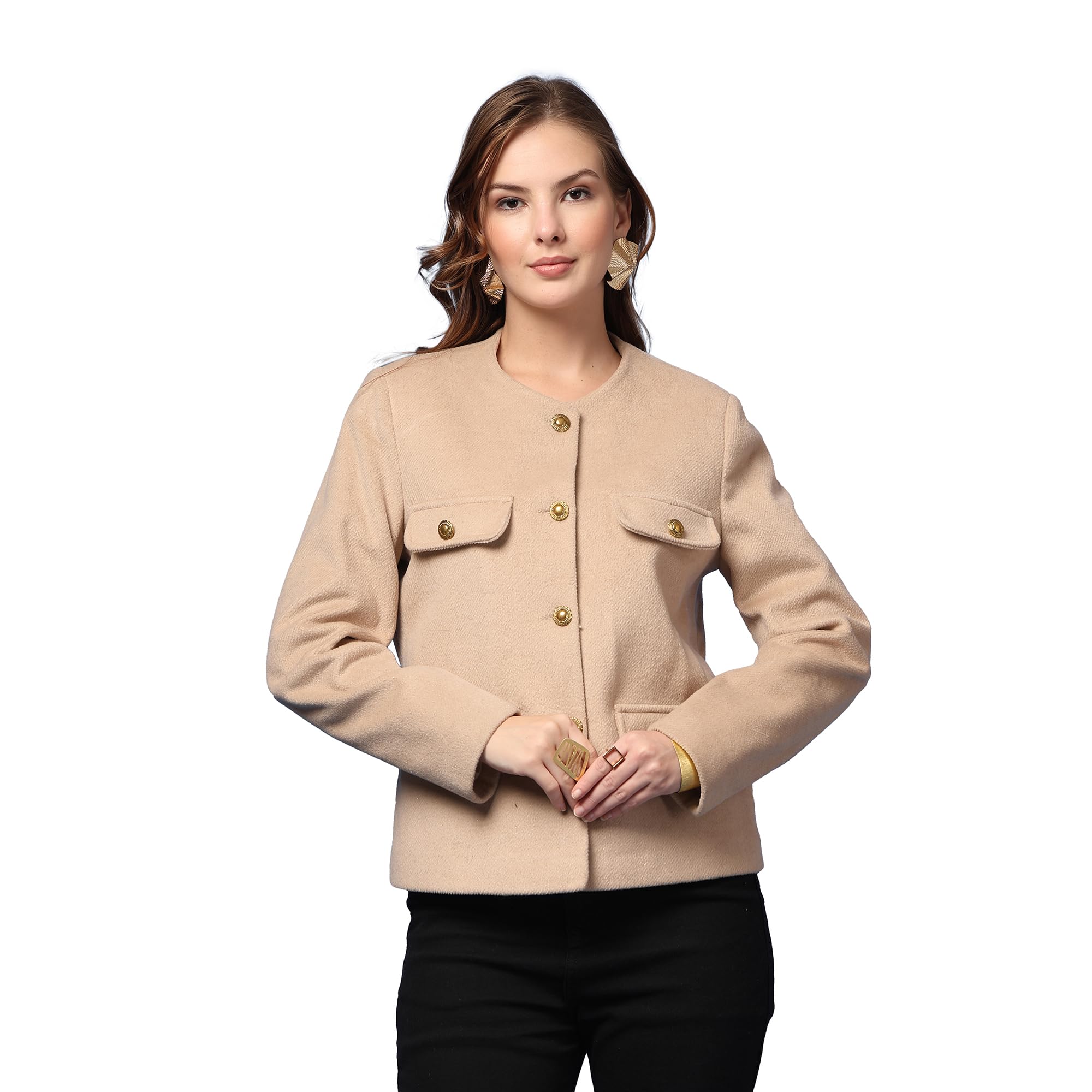 Winterwear Fawn Solid Round Neck Long Sleeves Regular Coat-image-24
