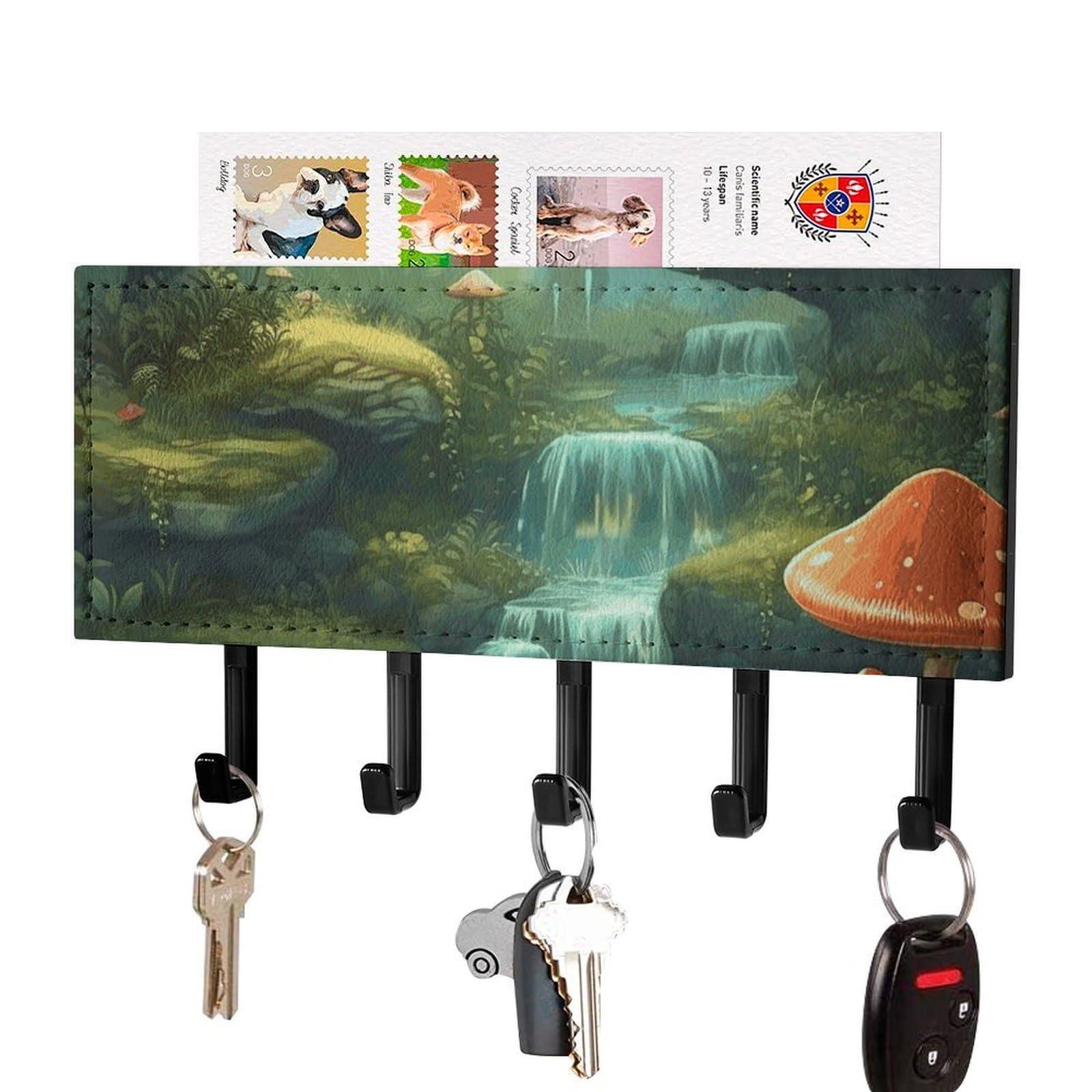 Fekiloot Black View Of Fantasy River Mushroom Key Holder For Wall Adhesive, No Drilling, Key Hooks With 5 Hooks Wall Mounted, Self Adhesive Keys Rack For Entryway, Hallway, Living Room, Kitchen, Office