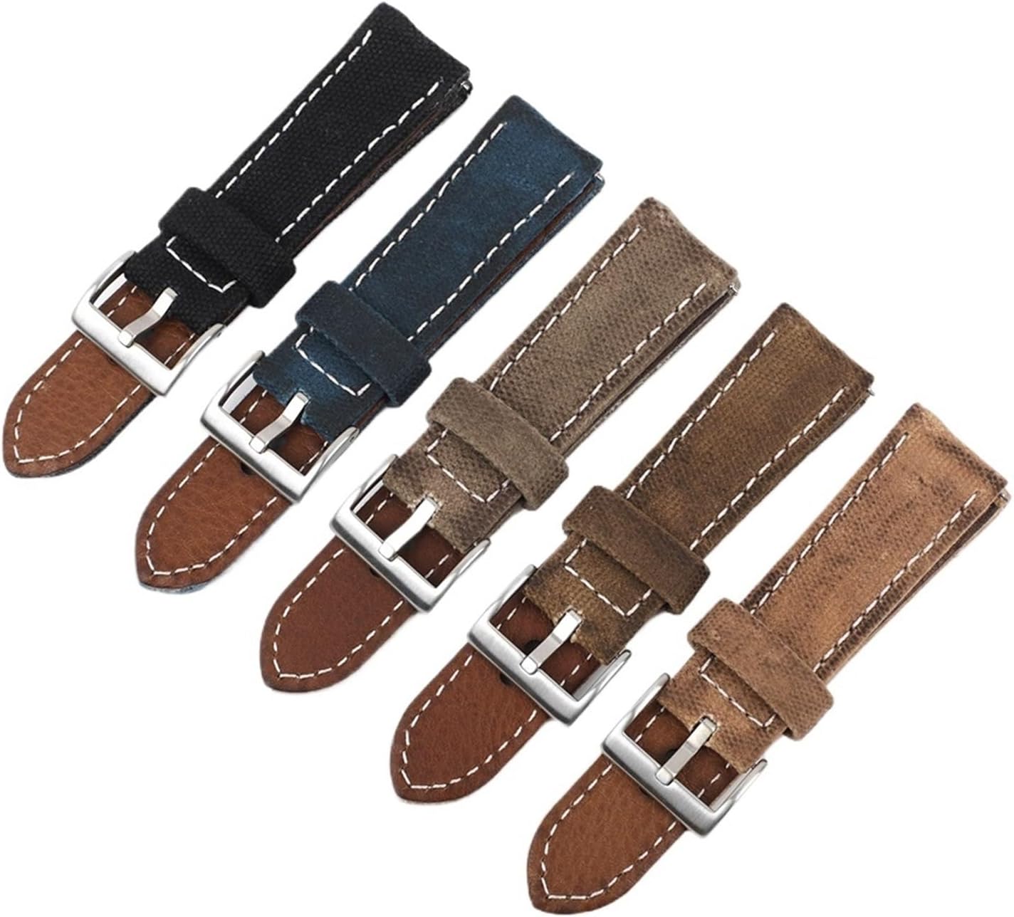 XILILHC Vintage Wet Wax Canvas Watchband Blue Gray Brown 24mm Watch Strap Handmade Stitching Quick Release Wristband For Men