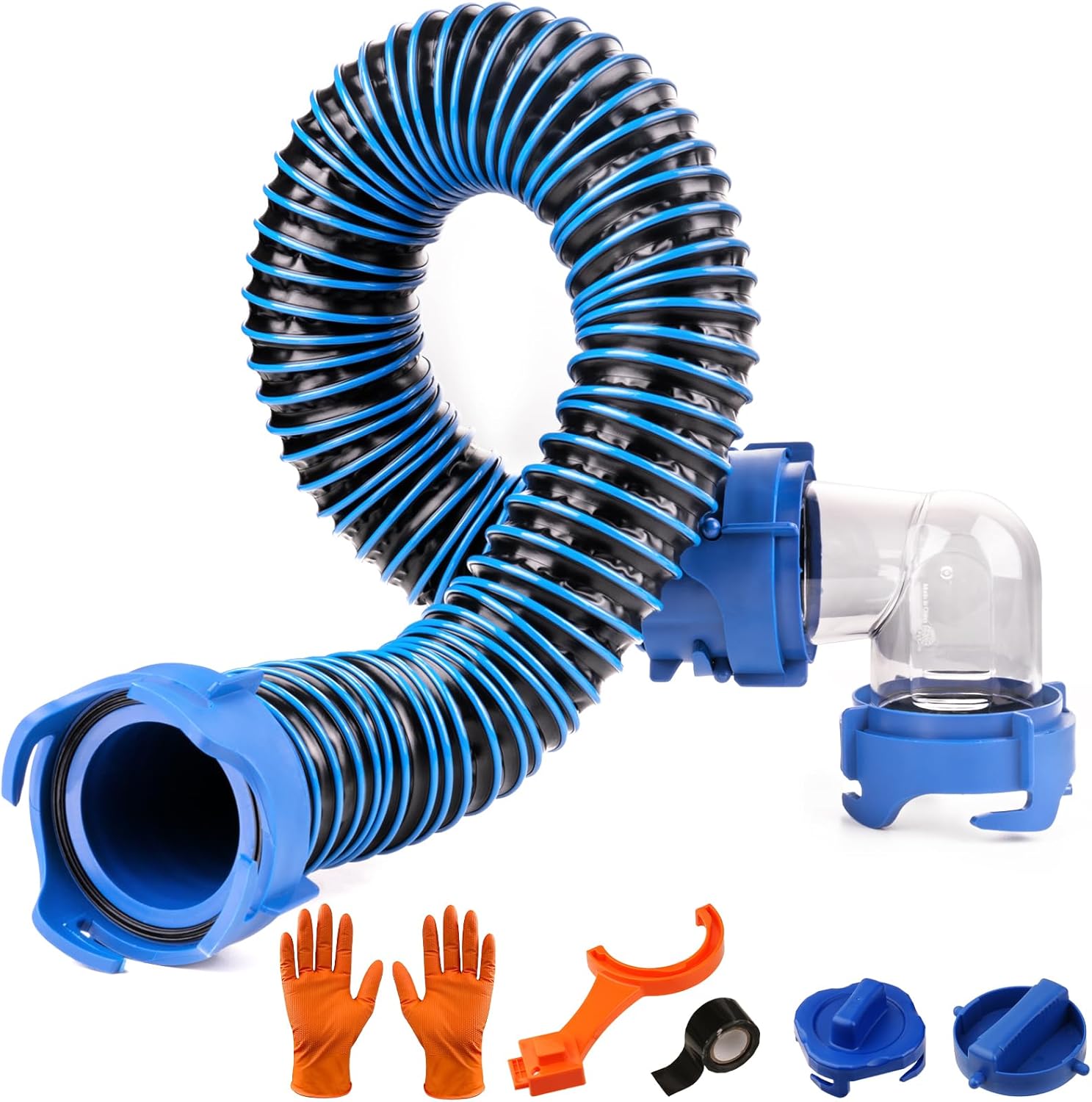 SheeChung 10 FT RV Portable Waste Tank Sewer Hose, Heavy-Duty Tote Tank Hose with Swivel Fittings, 90-Degree Clear Elbow, 2 Storage Caps, 1 RV Waste Value Wrench