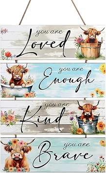 Bomiclss Highland Cow Decor Wall Art 4PCS Wooden Inspirational Farmhouse Wall Art, Picture Positive Quotes Home Wall Decor for Living Room Bedroom Bathroom Dining Room Wall Decorations Cow