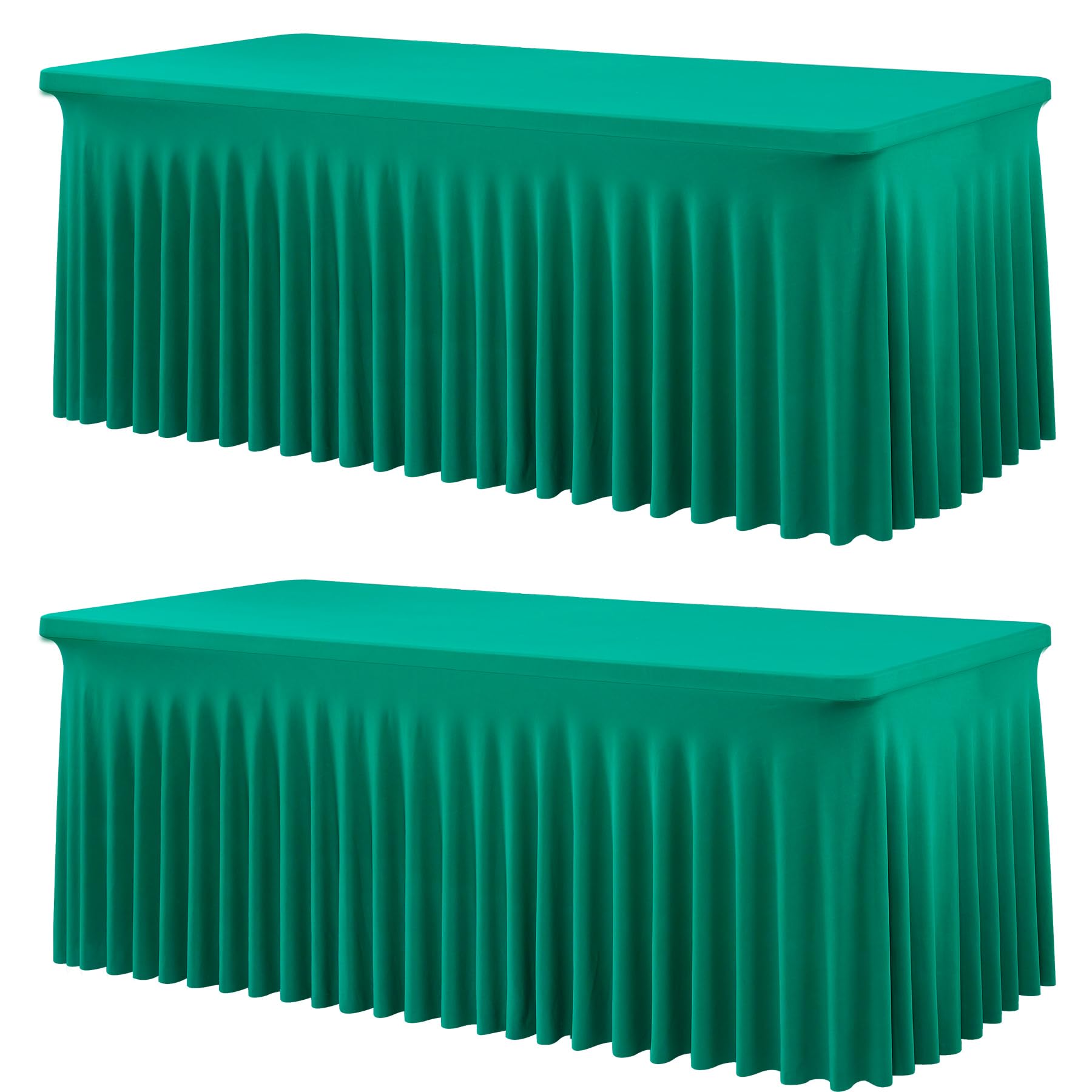 2 Pack Emerald Green Spandex Tablecloth for 6 Foot Rectangle Tables, Wrinkle Free Fitted Table Clothes Cover 6ft Green Stretchy Tablecloths with Skirt