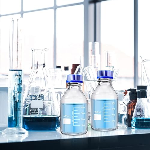 Miniatura 6 de Patelai 4 botellas redondas de vidrio para almacenamiento de medios, botellas de vidrio de borosilicato con tapa de rosca azul GL45 para líquidos