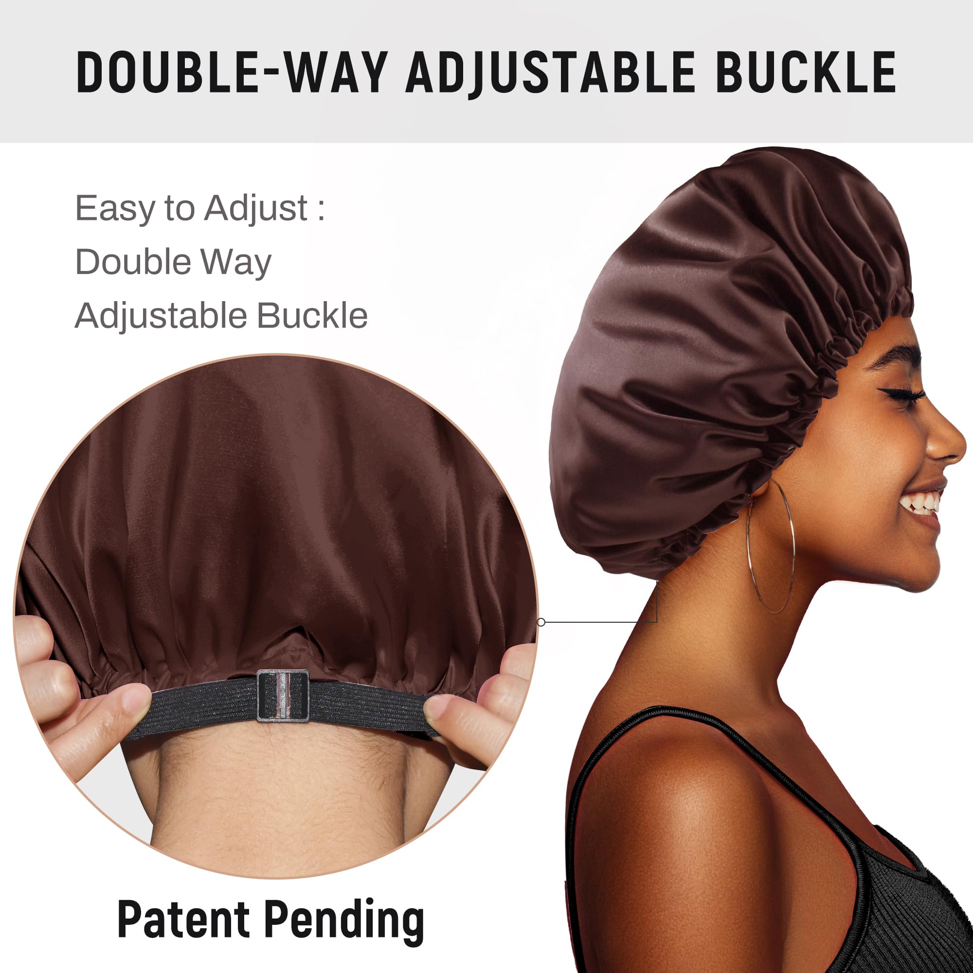 BONNET QUEEN Cuffia Seta Capelli Notte, Reversibile Cuffia Capelli Ricci Notte, Fascia Elastica Doppio Strato Silk Bonnet con 2 Elastici in Seta & Borsa Portaoggetti, Oro&Cioccolato, Set 4 Pezzi