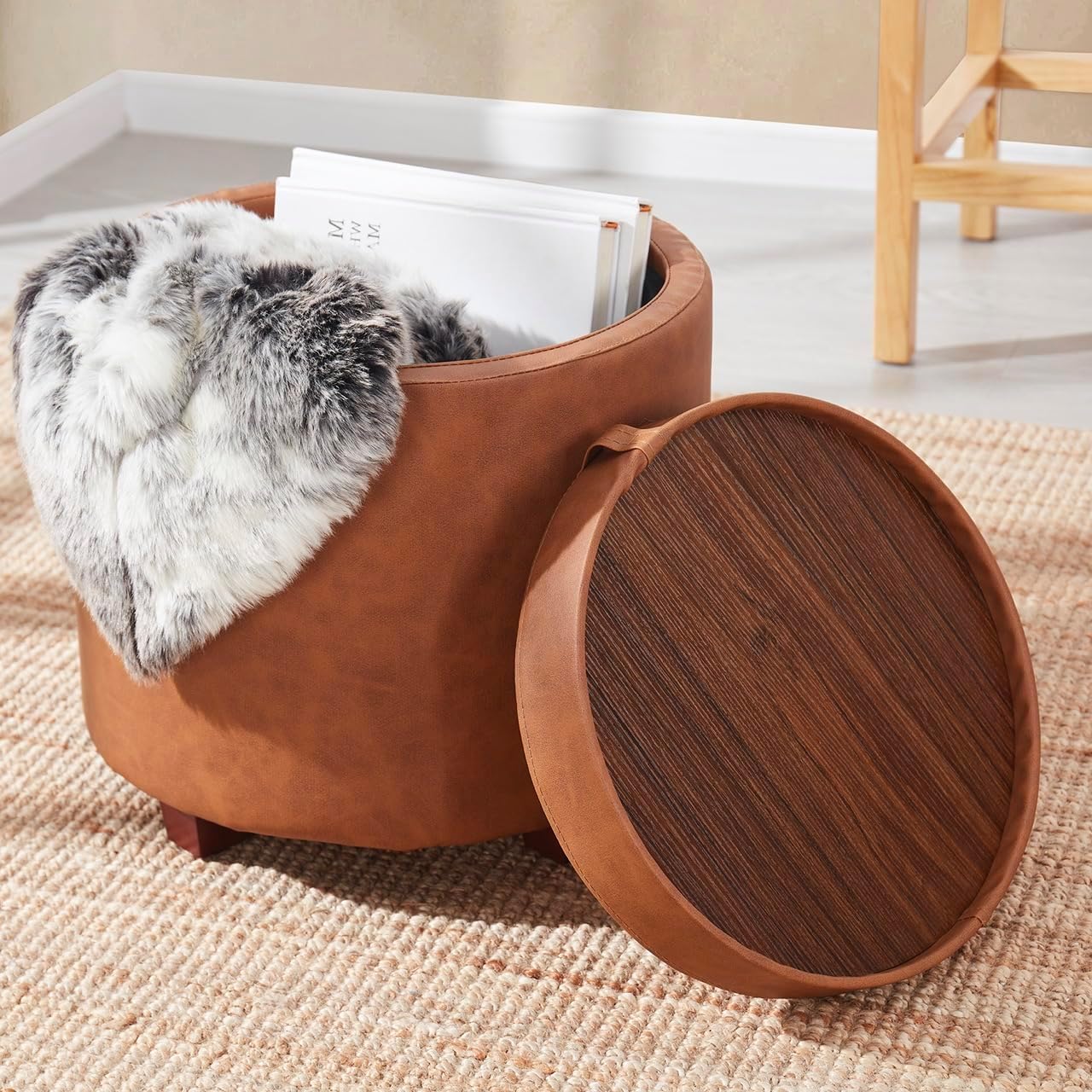 Ornavo Home Lawrence Round Storage Ottoman with Lift Off Lid and Tray Lid Coffee Table, Ottoman with Storage for Living Room, Bedroom and Office, Faux Leather Cognac
