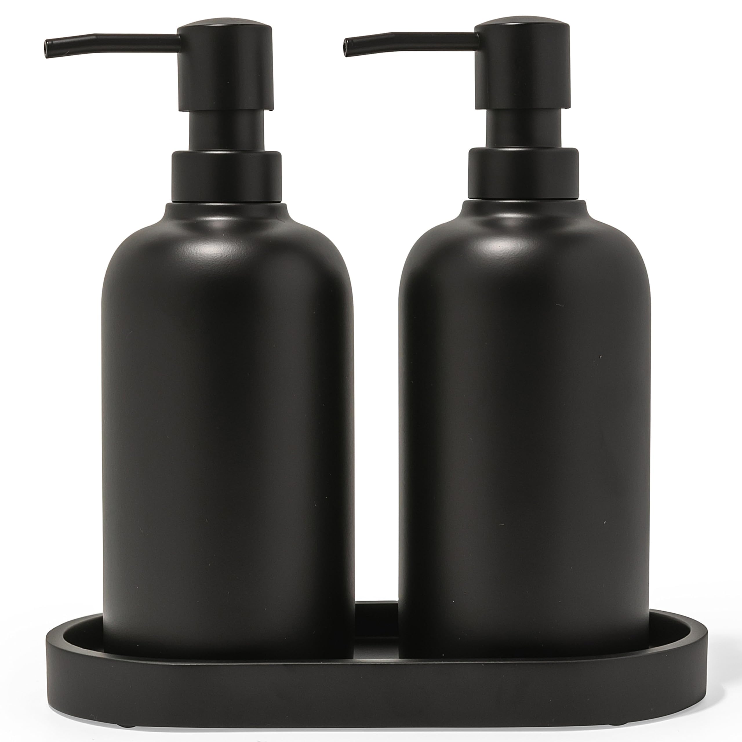 Yew Design - Matte Black Soap Dispenser Set with Tray for Bathroom (15oz), 2X Soap Dispensers Plus Tray, Hand Soap Dispenser