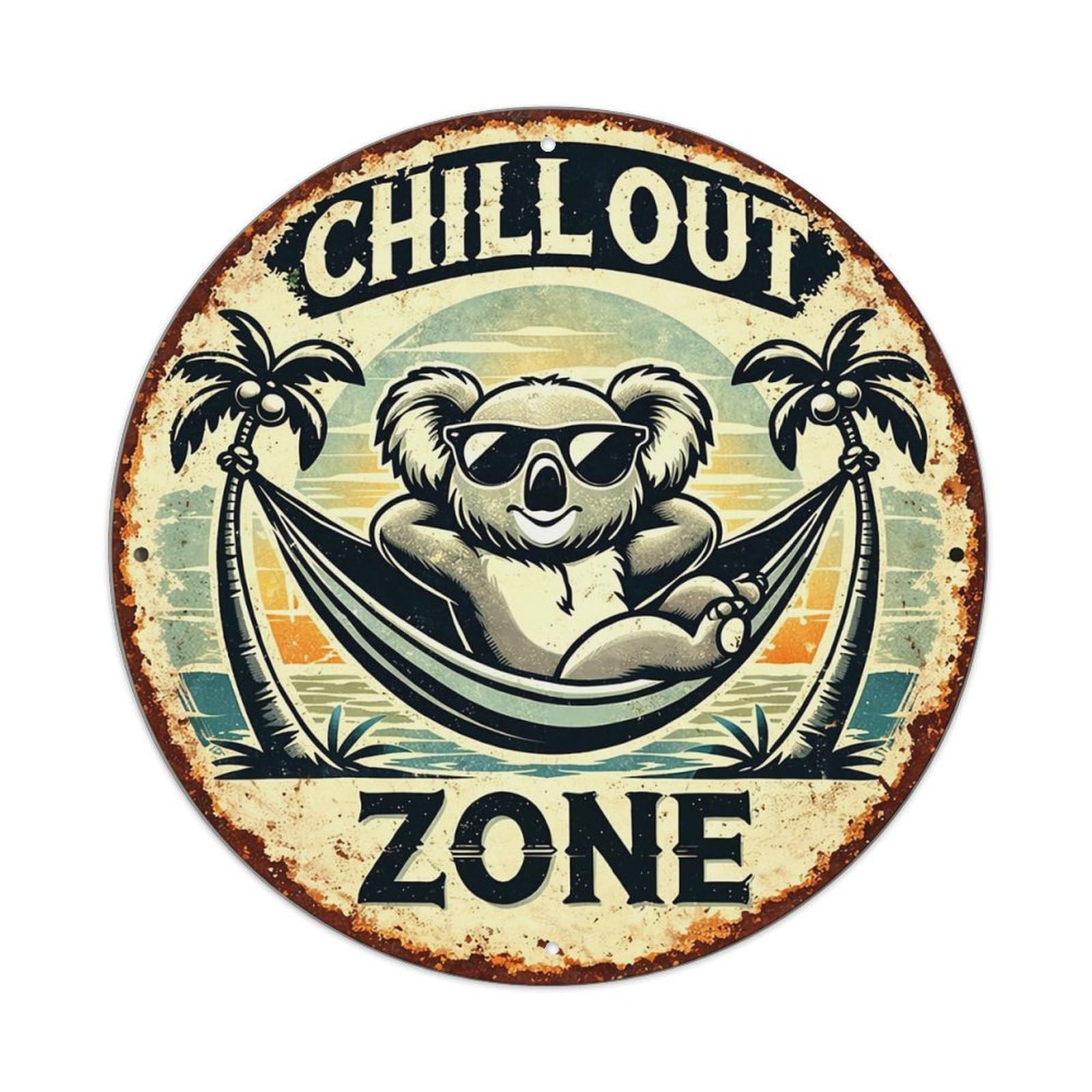 Koala In Hammock With Palm Trees Vintage Round Tin Sign Retro Metal Wall Decor Metal Poster, Home Bar Garage Cafe Wall Art Decoration 8x8Inches