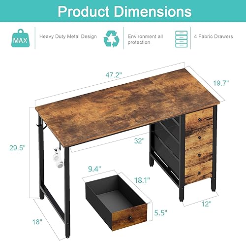Miniatura 3 de Lufeiya Escritorio para computadora de 47 pulgadas con 4 cajones, escritorio de estudio de trabajo de escritura para oficina en casa, dormitorio,