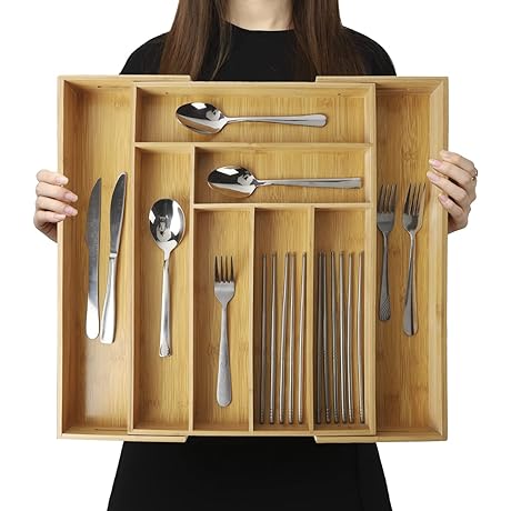 BAMOTTO Bamboo Drawer Organizer: Expandable Storage Solution for Kitchen Essentials