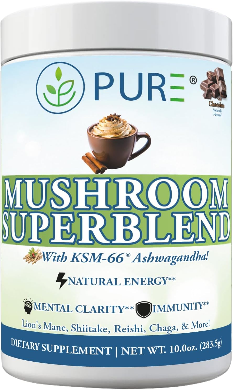 PURE® Mushroom Superblend - 30 Servings - 2000mg Lion’s Mane with KSM-66® Ashwagandha & Organic Cacao - Caffeine-Free Focus, Memory & Stress Relief Morning Ritual - Made in USA