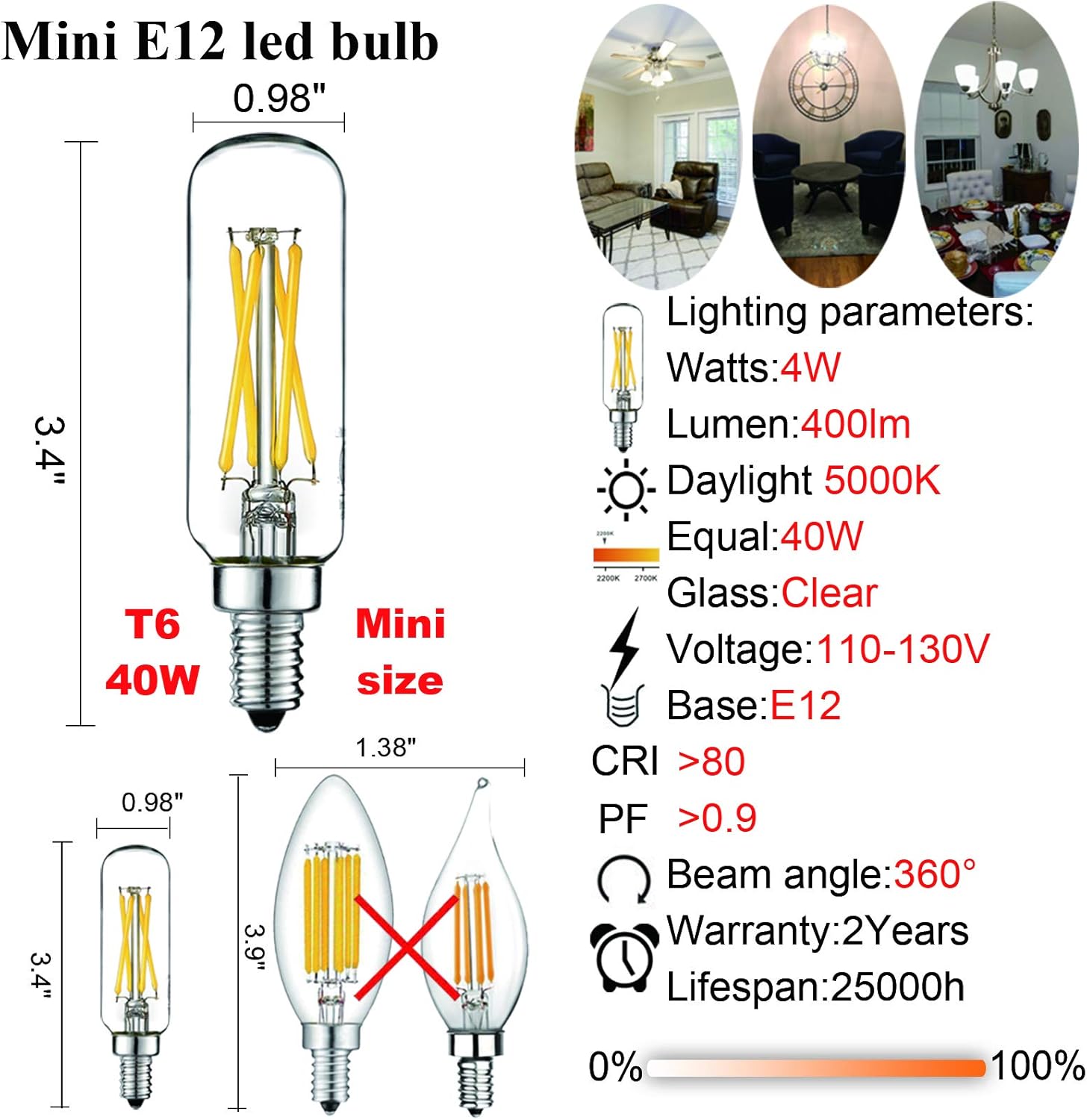 LiteHistory E12 led Bulb Dimmable 4W Equal 40W led Candelabra Bulb Daylight 5000K Clear T6 T25 E12 Edison Bulb for Ceiling Fan,Chandelier AC120V 400LM 6Pack