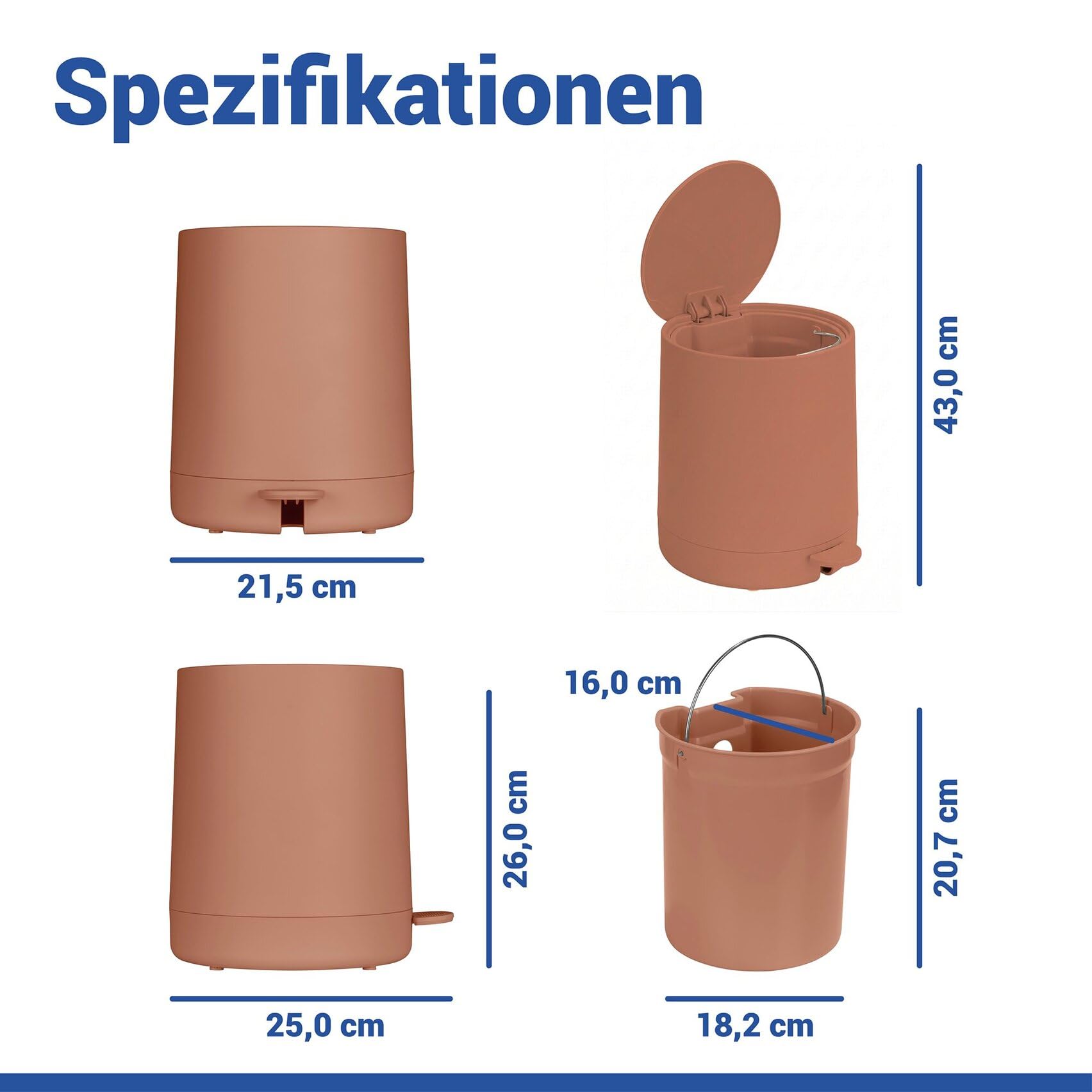 WENKO Kosmetik Treteimer Mod. Fablo aus Kunststoff, Soft-Touch-Beschichtung, Bad-Mülleimer 5 L, Abfalleimer mit Easy-Close Absenkautomatik und Einsatzbehälter, für Bad, Küche oder Büro, braun matt