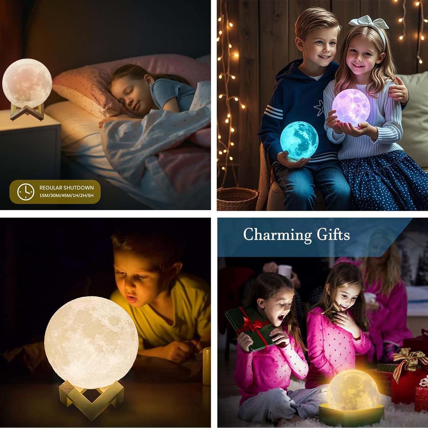 Lampada a forma di luna 3D, lampada da comodino USB con telecomando e supporto in legno, luce notturna unica per camera da letto, regali per donne, bambini, decorazione natalizia e del Ringraziamento