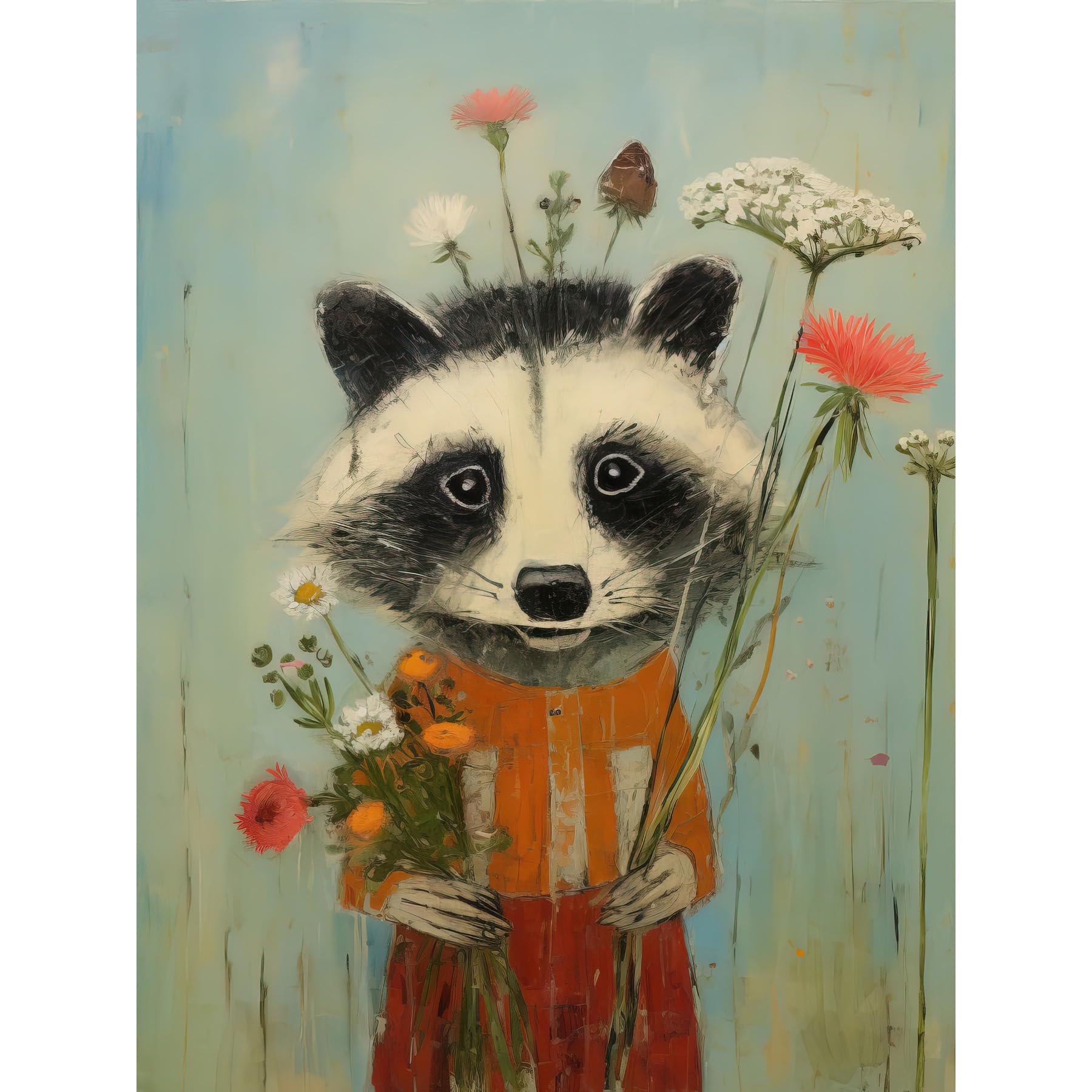 Artery8 Cute Racoon Picking Wildflowers for a Spring Bouquet Oil Painting Amber Orange Baby Blue Kids Bedroom Artwork Extra Large XL Wall Art Poster Print